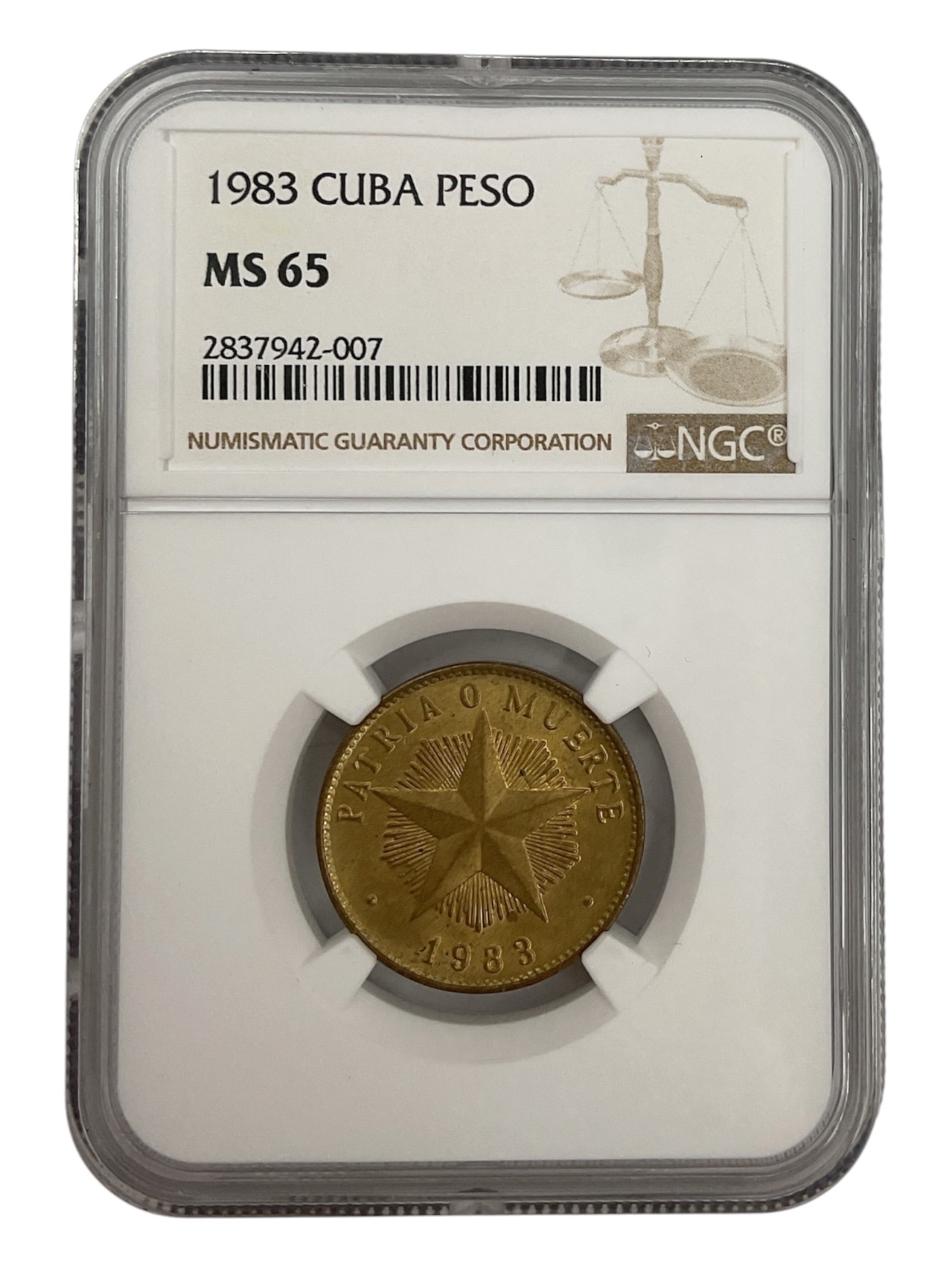 1983 Cuba 1 Peso Coin NGC MS65: 1983 Republic of Cuba 1 Peso coin certified MS65 by Numisma