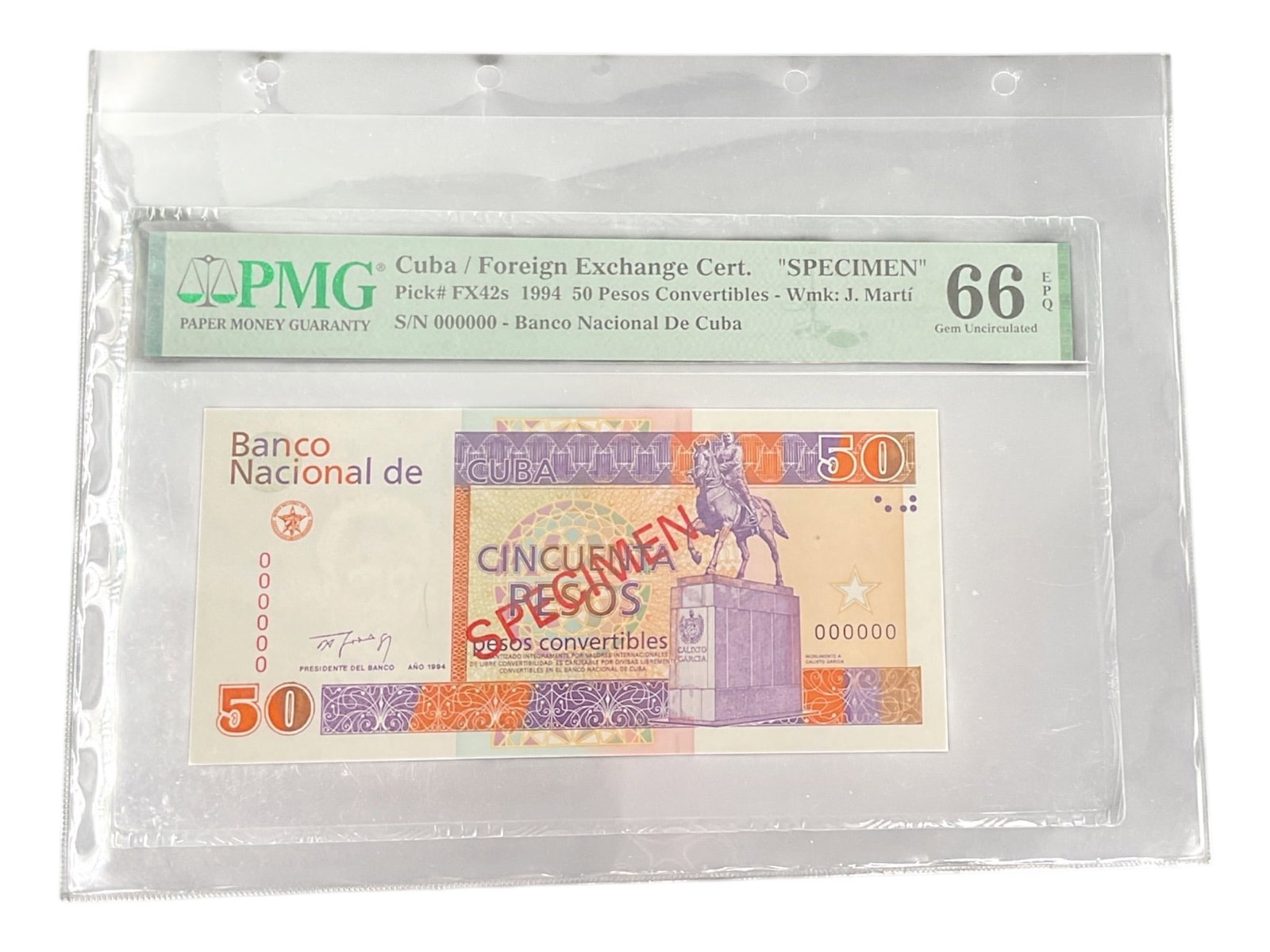 Cuba 1994 - 50 Pesos Foreign Exchange Certificate Specimen PMG Gem Uncirculated 66 EPQ (1 of 2)
