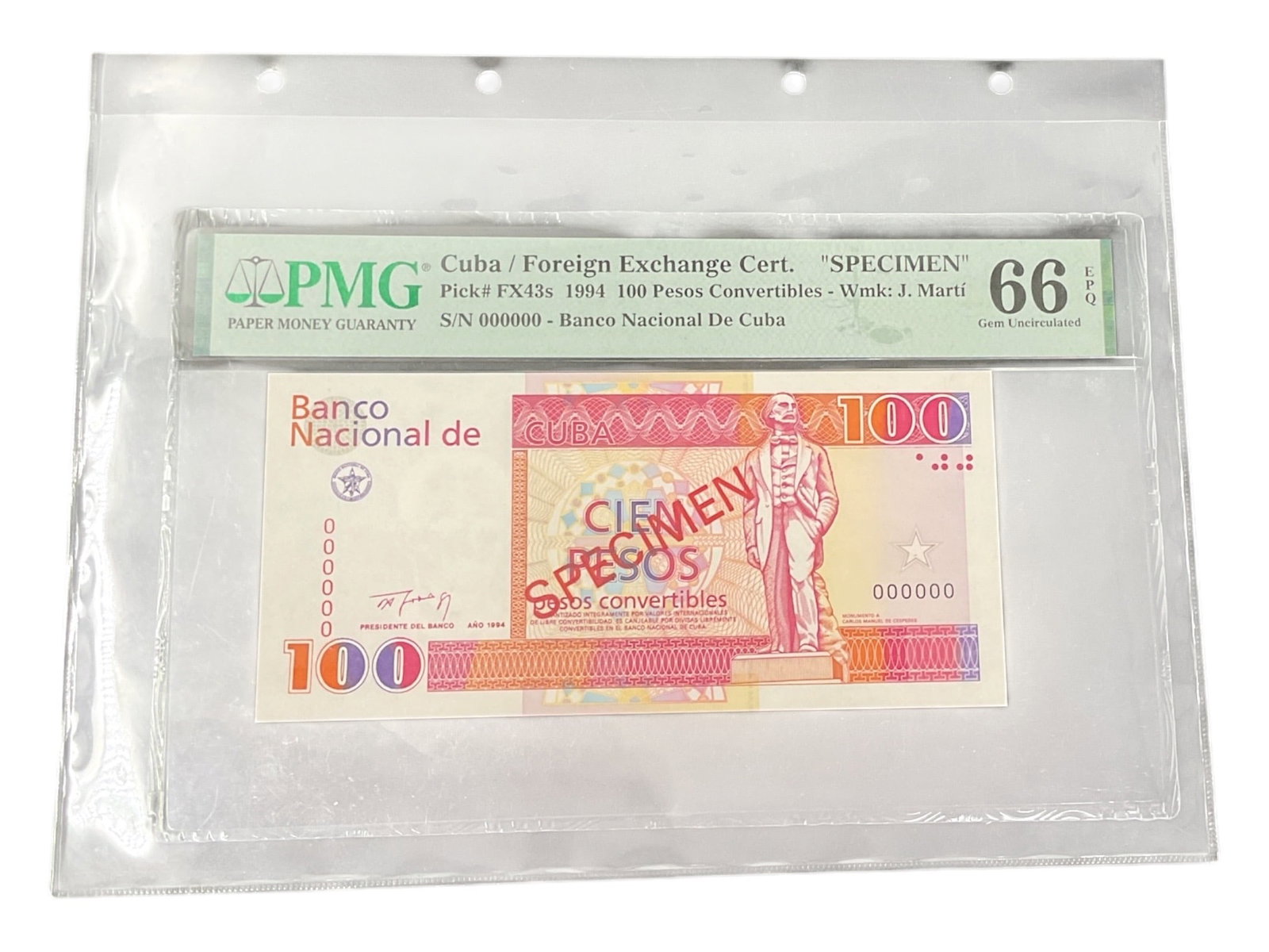 Cuba 100 Pesos 1994 Foreign Exchange Certificate Specimen PMG Gem Uncirculated 66 EPQ (1 of 2)