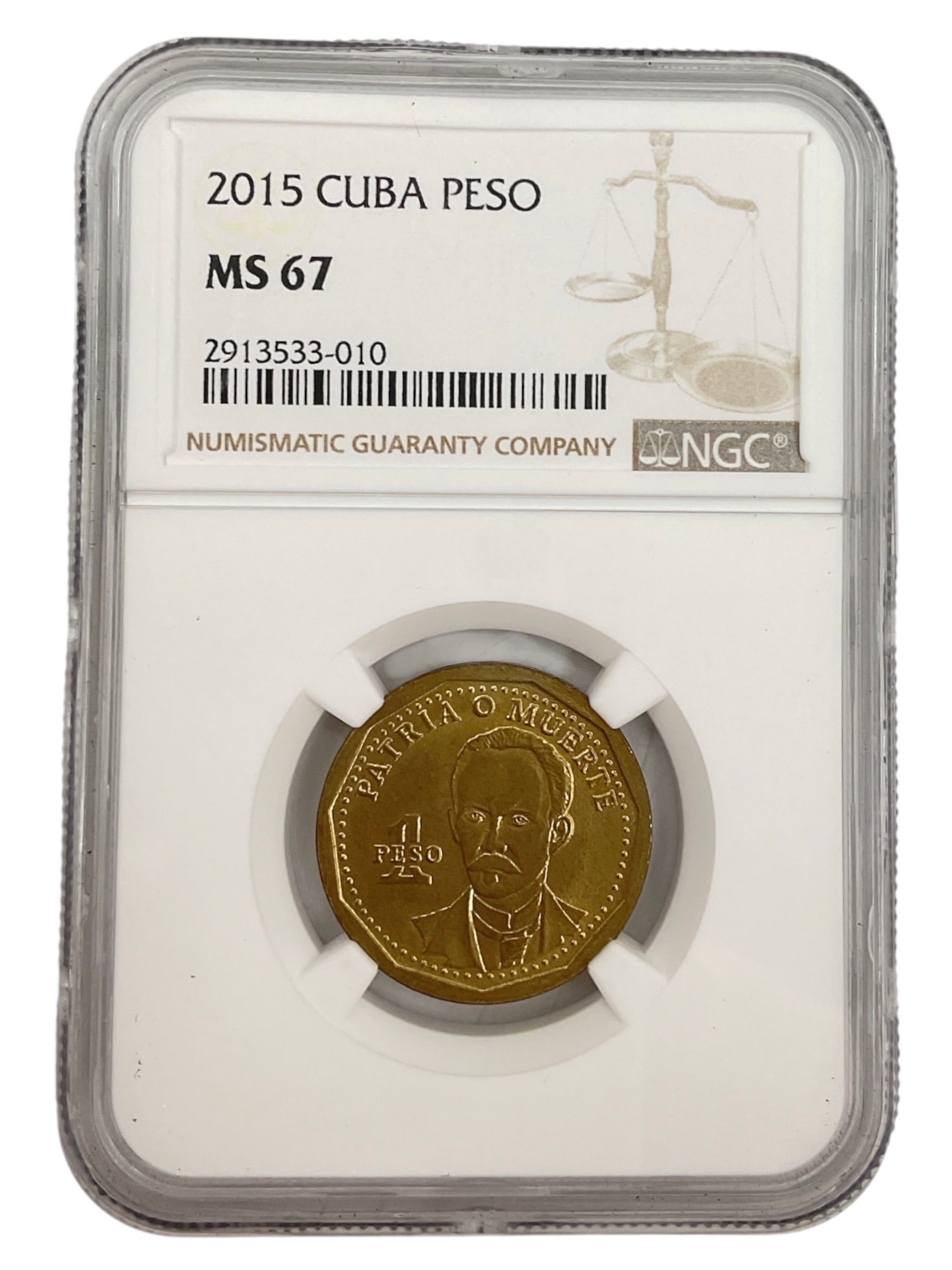 2015 Cuba 1 Peso Coin NGC MS67: 2015 Republic of Cuba 1 Peso coin certified MS67 by Numisma