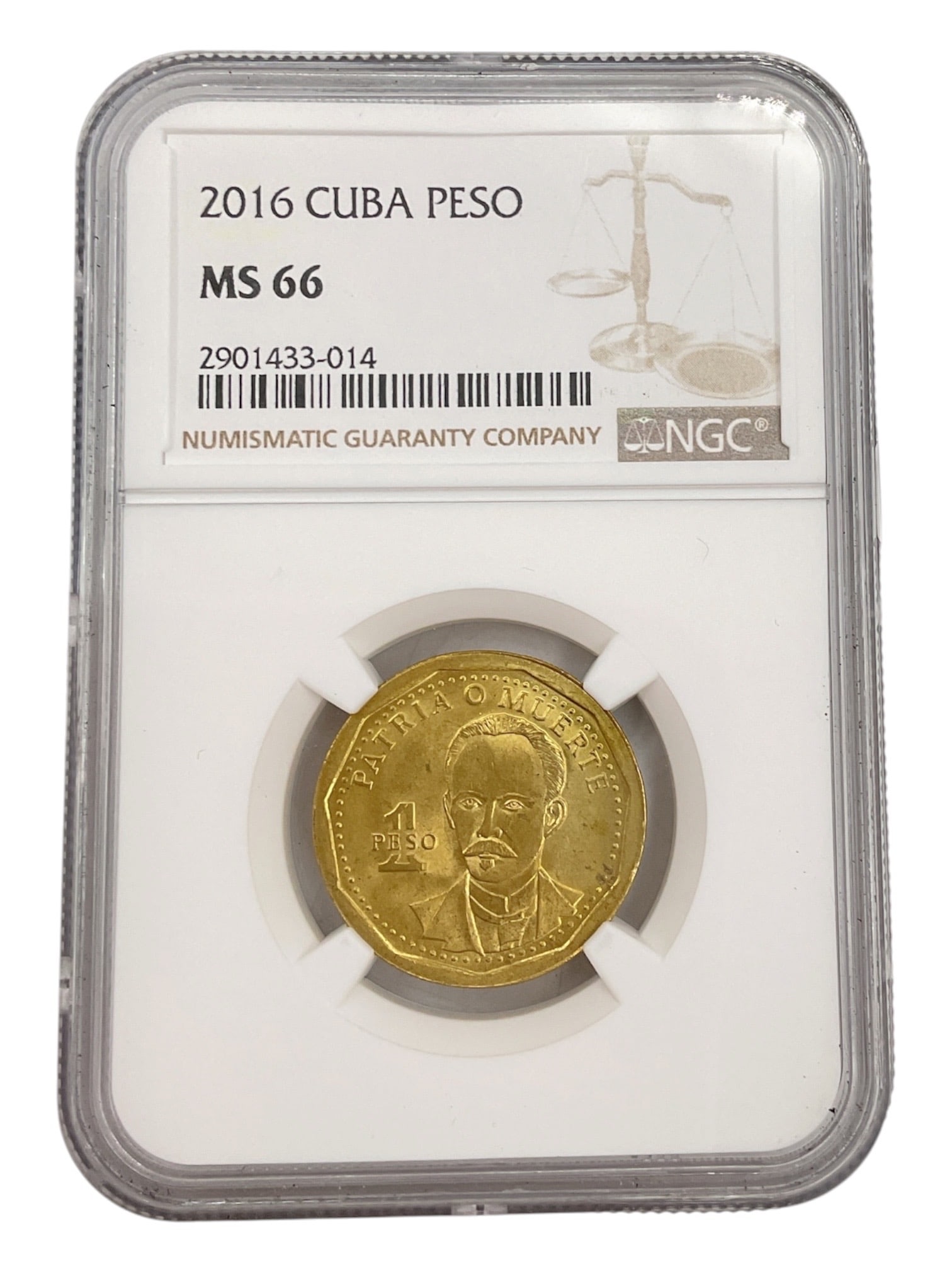 2016 Cuba 1 Peso Coin NGC MS66 Certified: Republic of Cuba 2016 one peso coin, professionally graded Mint State 66 (MS66) by Numismatic Guaranty Company (NGC). The obverse features the Cuban coat of arms with the denomination and date, while 