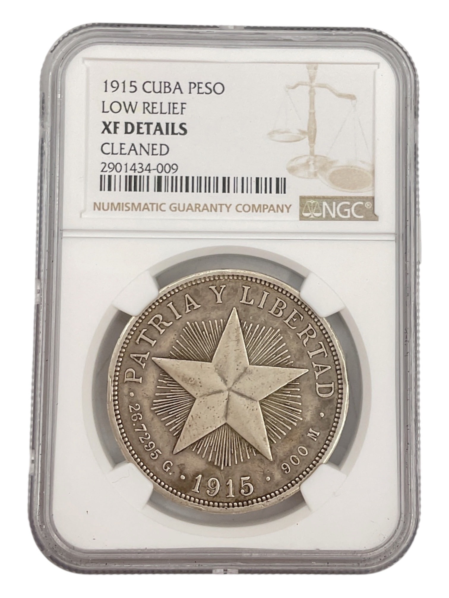 1915 Republic of Cuba 1 Peso Silver Coin NGC Low Relief XF Details Cleaned: Republic of Cuba 1915 silver one peso coin featuring the iconic Low Relief "ABC Peso" design. This example has been authenticated and encapsulated by Numismatic Guaranty Company (NGC), recei
