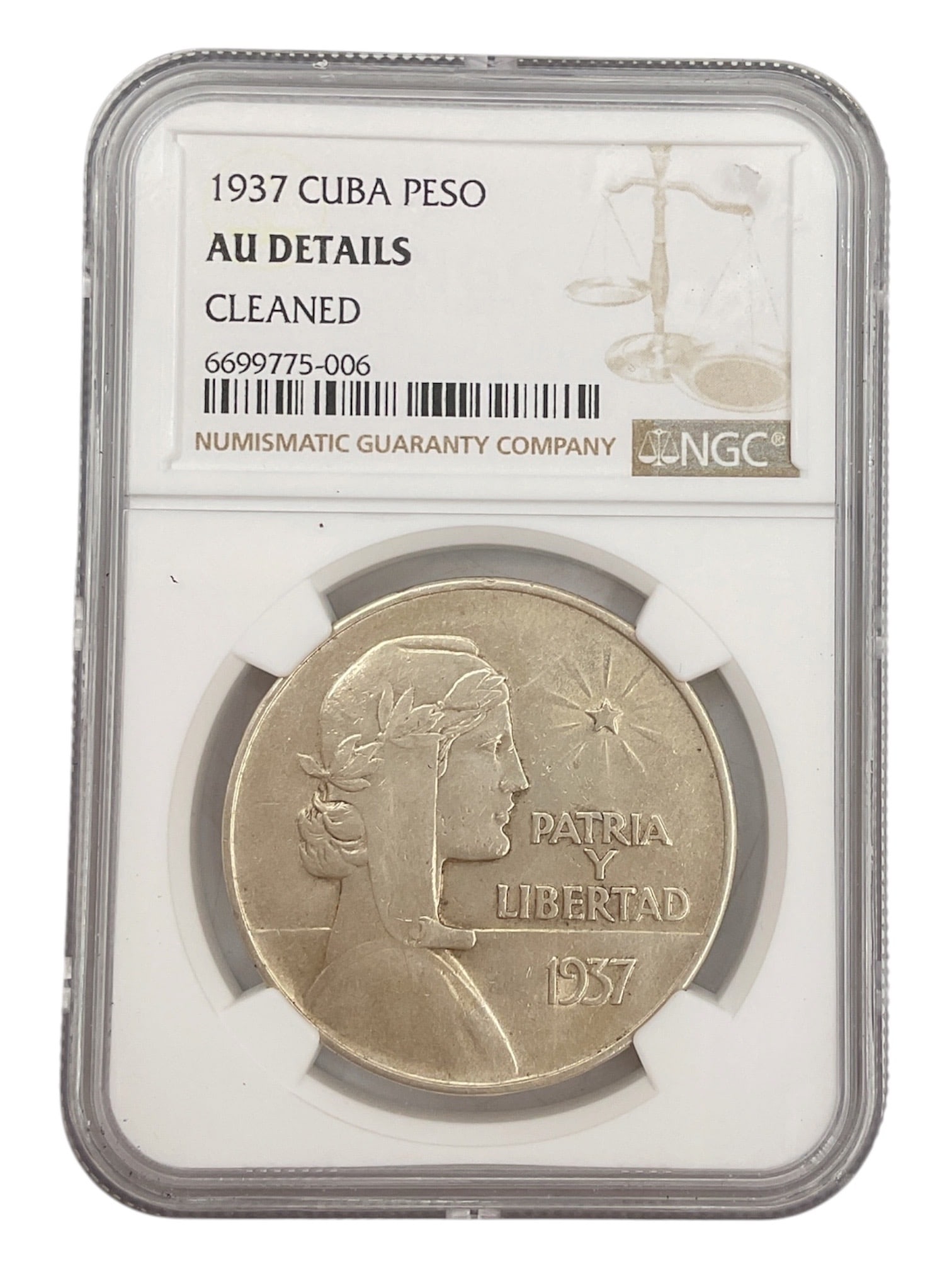 1937 Republic of Cuba 1 Peso Silver Coin NGC AU Details Cleaned: Republic of Cuba 1937 silver one peso coin authenticated and encapsulated by Numismatic Guaranty Company (NGC). This example has received an AU Details – Cleaned