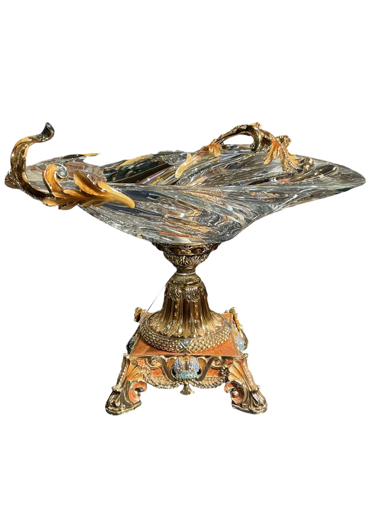 CS829- Crystal and Enamel Mounted Centerpiece Bowl: An exceptional centerpiece bowl crafted in clear crystal and richly adorned with enamel and gilt metal mounts, executed in an ornate European style. The bowl features a dramatic, freeform shape with s