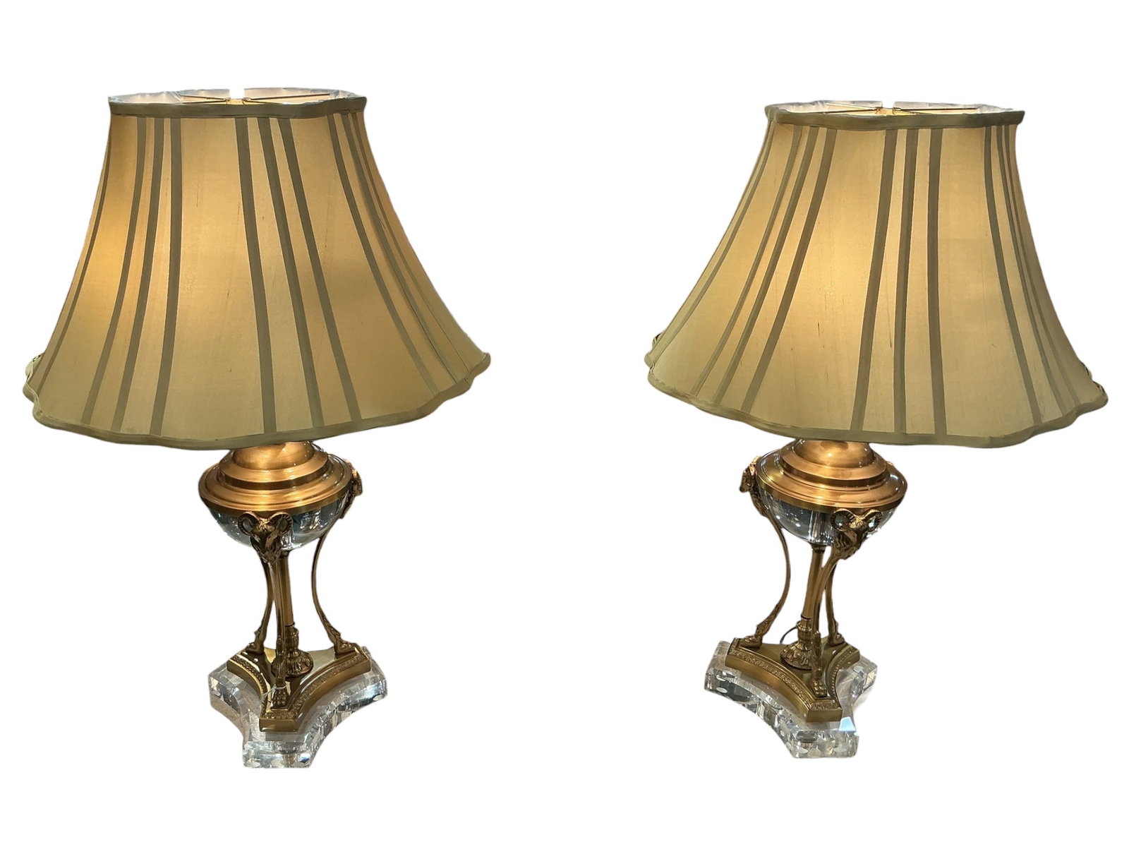 LM093- Pair of Crystal and Dore Bronze Table Lamps with Ram Head Mounts (1 of 13)