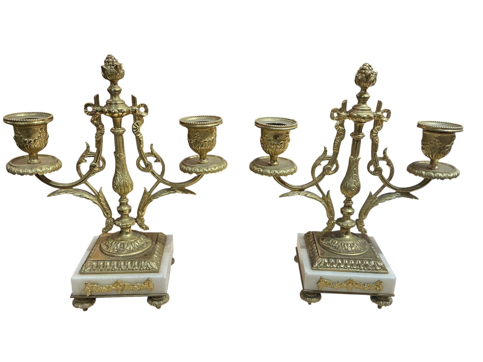 AQ515 - Pair of Dore Bronze and White Marble Three-Light Candelabra (1 of 9)