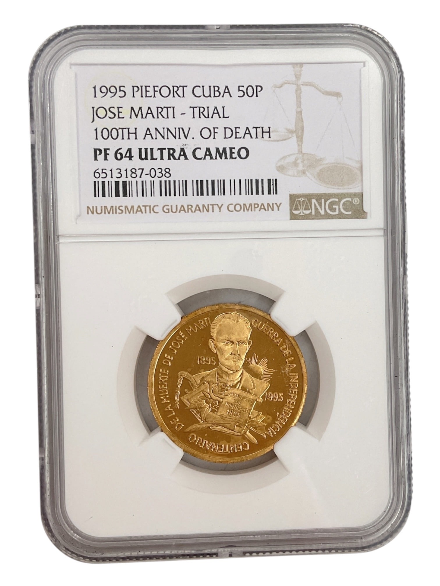 1995 Cuba 50 Pesos 100th Anniversary of José Martí's Death Gold Coin NGC PF64 Ultra Cameo: Republic of Cuba 1995 gold 50 pesos commemorative coin issued to mark the 100th Anniversary of the Death of José Martí (1895–1995). This proof str