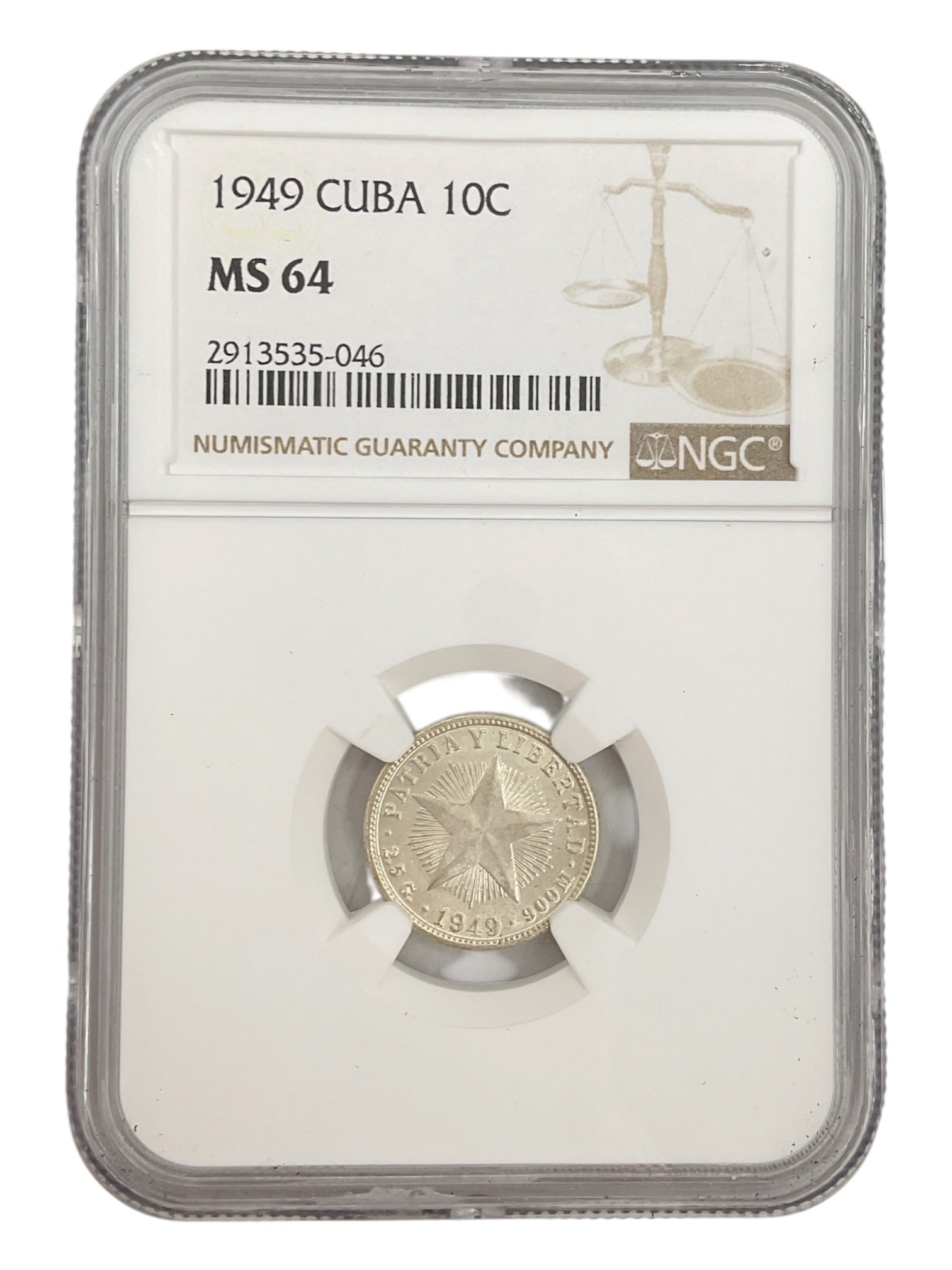 1949 Cuba 10 Centavos Silver Coin NGC MS64: Republic of Cuba 1949 silver 10 centavos coin professionally authenticated and graded Mint State 64 (MS64) by Numismatic Guaranty Company (NGC). The obverse features t