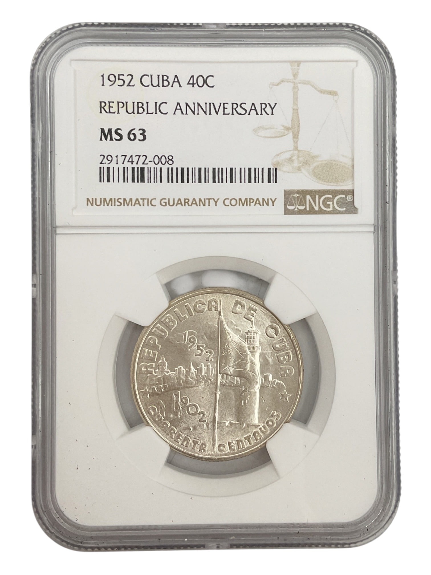 1952 Cuba 40 Centavos Republic Anniversary Silver Coin NGC MS63: Republic of Cuba 1952 silver 40 centavos commemorative coin issued to celebrate the 50th Anniversary of the Republic of Cuba (1902–1952). This example has been p