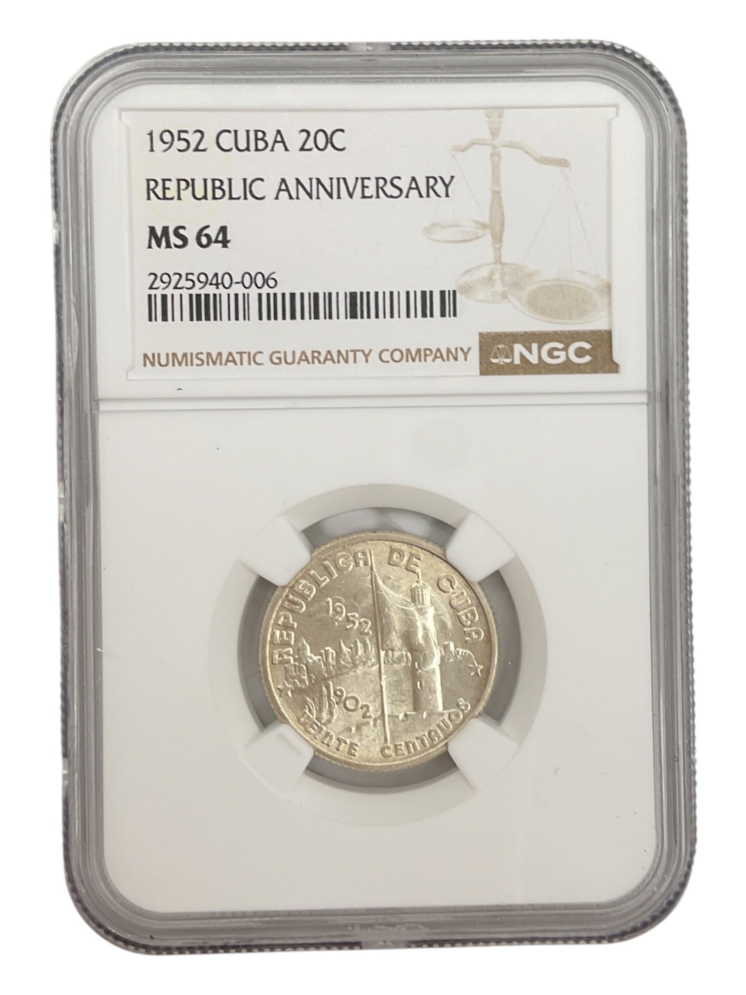 1952 Cuba 20 Centavos Republic Anniversary Silver Coin NGC MS64 (1 of 2)