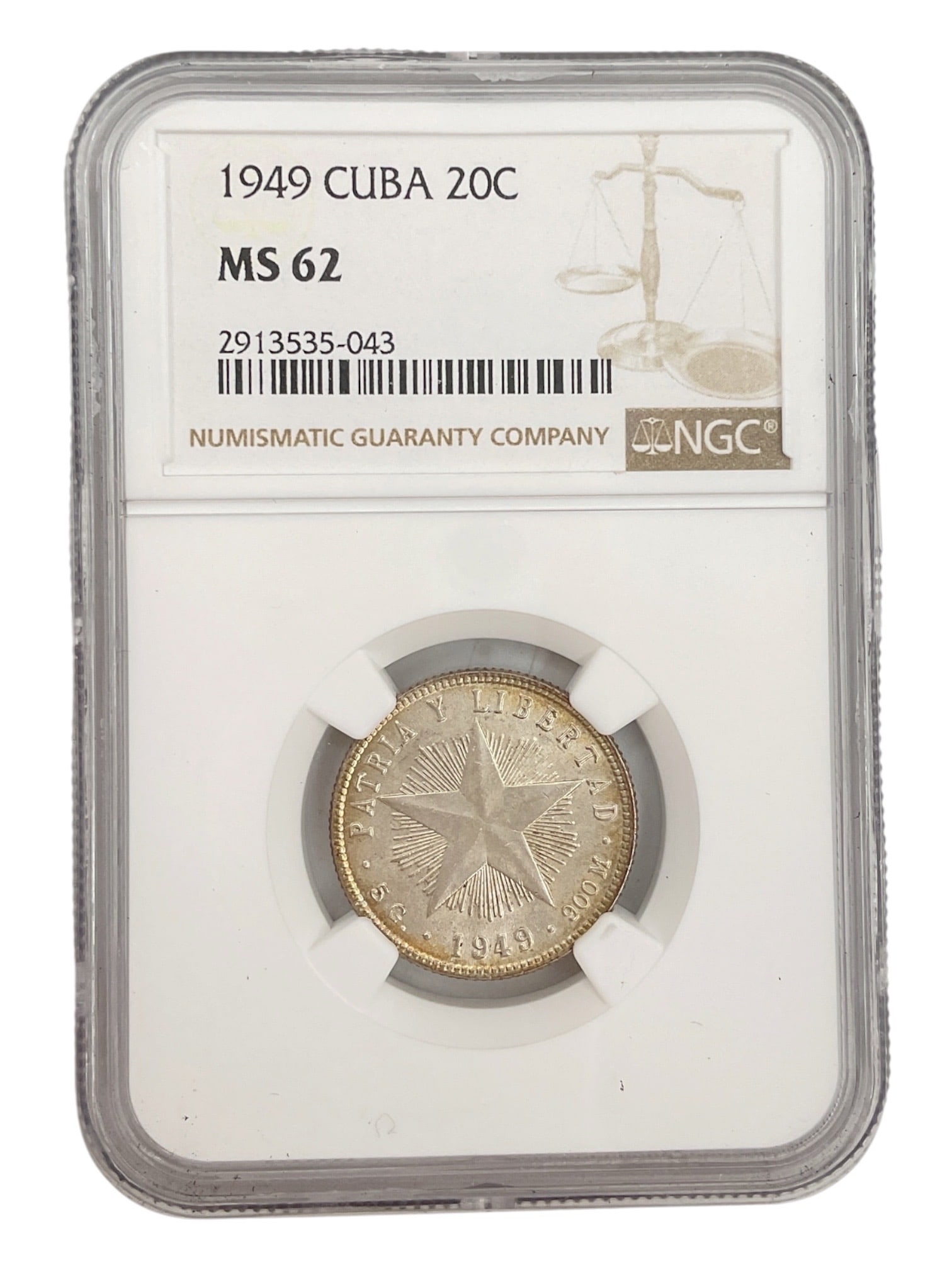 1949 Cuba 20 Centavos Silver Coin NGC MS62: Republic of Cuba 1949 silver 20 centavos coin professionally authenticated and graded Mint State 62 (MS62) by Numismatic Guaranty Company (NGC). The obverse features t