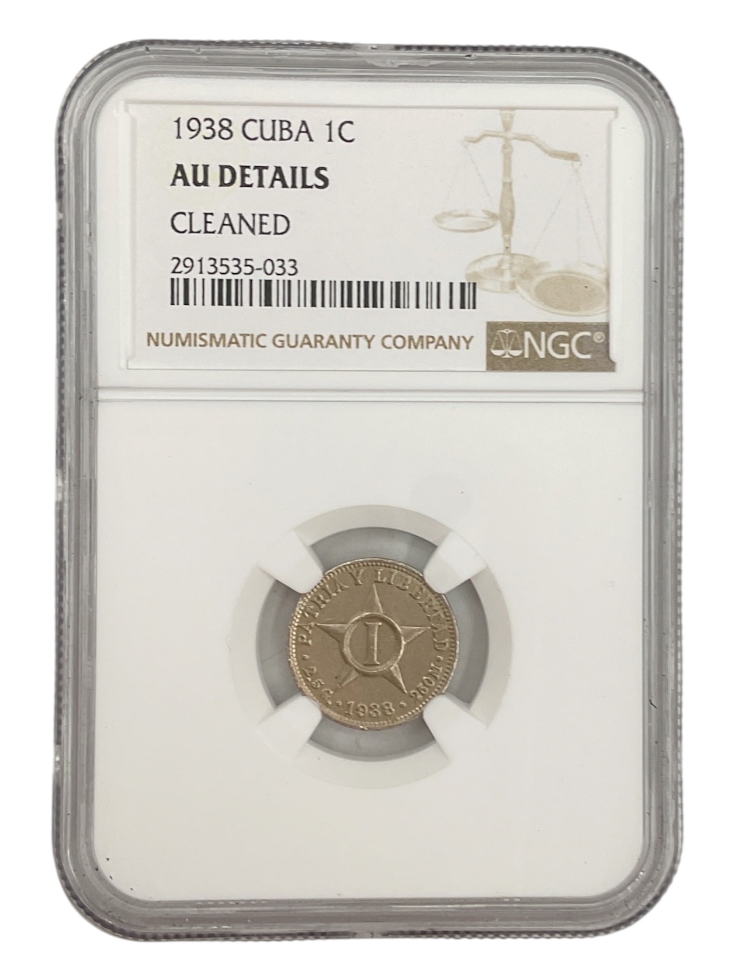 1938 Cuba 1 Centavo Coin NGC AU Details Cleaned: Republic of Cuba 1938 one centavo coin authenticated and encapsulated by Numismatic Guaranty Company (NGC). This example has received an AU Details – Cleaned des