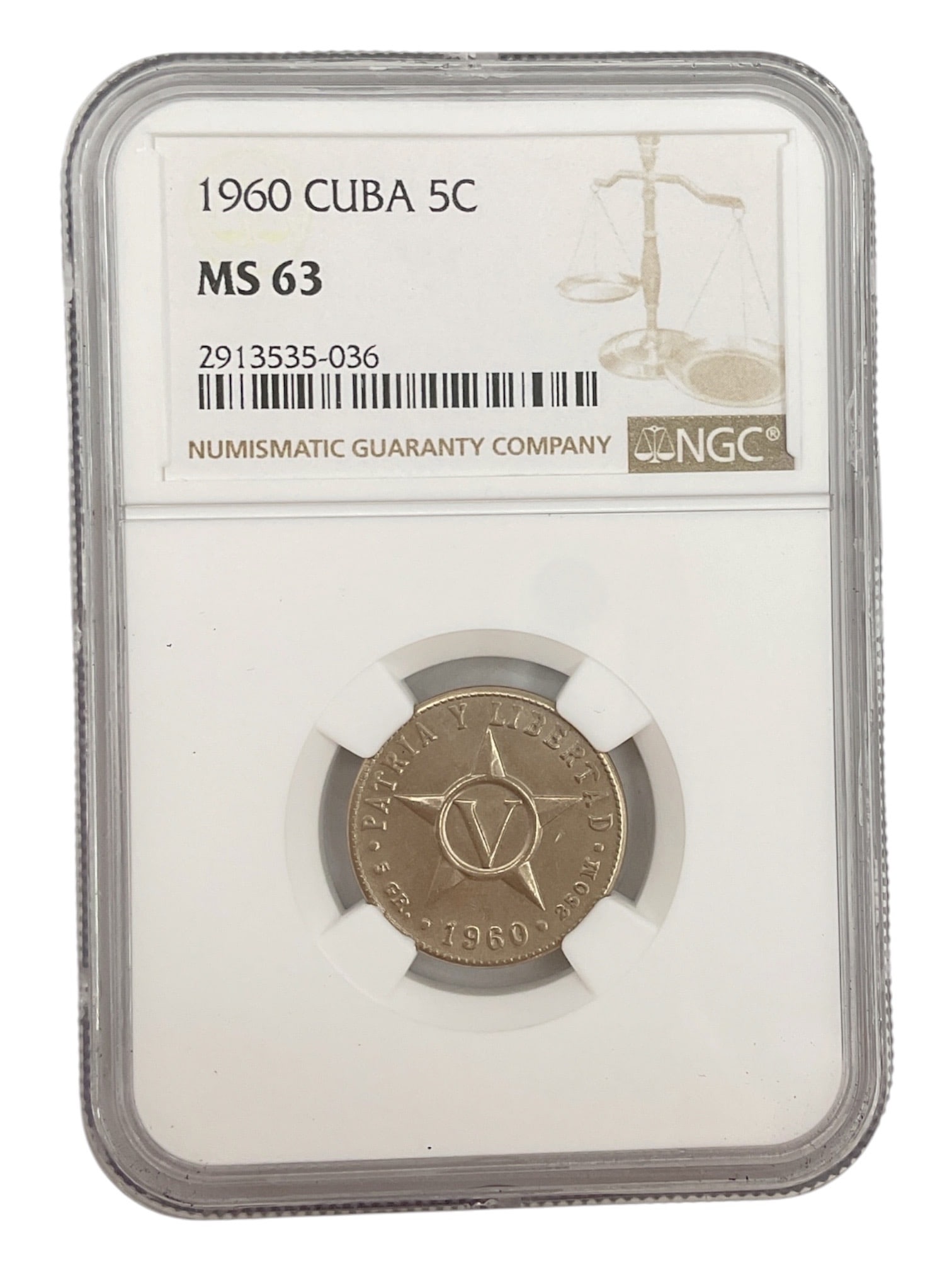 1960 Cuba 5 Centavos Coin NGC MS63: Republic of Cuba 1960 five centavos coin professionally authenticated and graded Mint State 63 (MS63) by Numismatic Guaranty Company (NGC). The obverse features the de