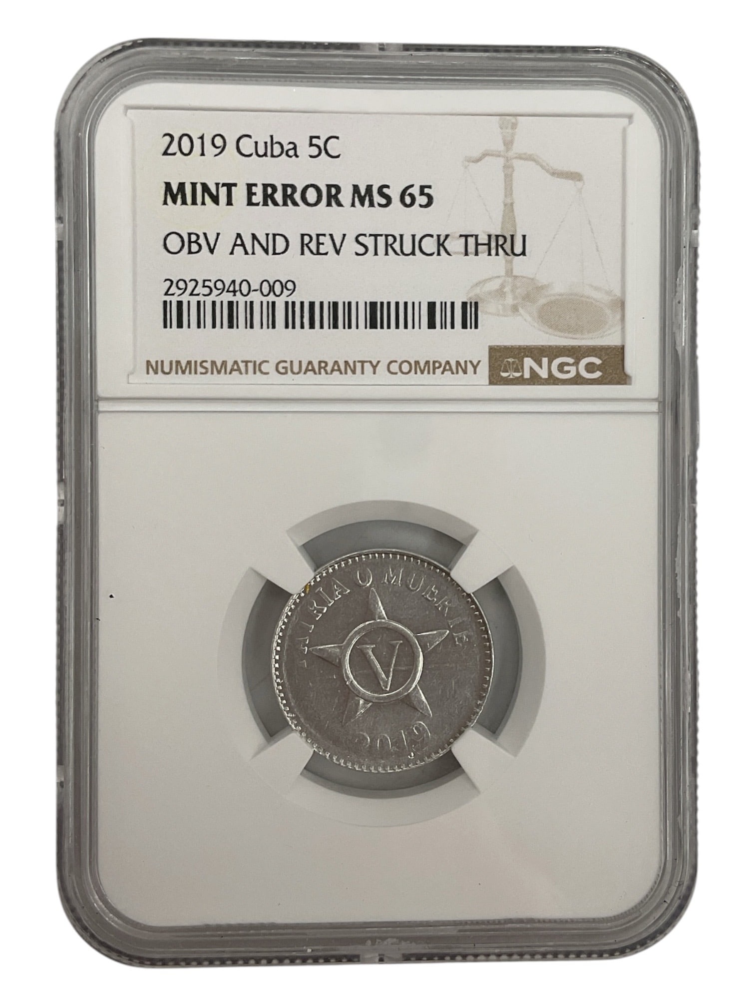 2019 Cuba 5 Centavos Mint Error Coin NGC MS65 Obverse and Reverse Struck Through (1 of 2)