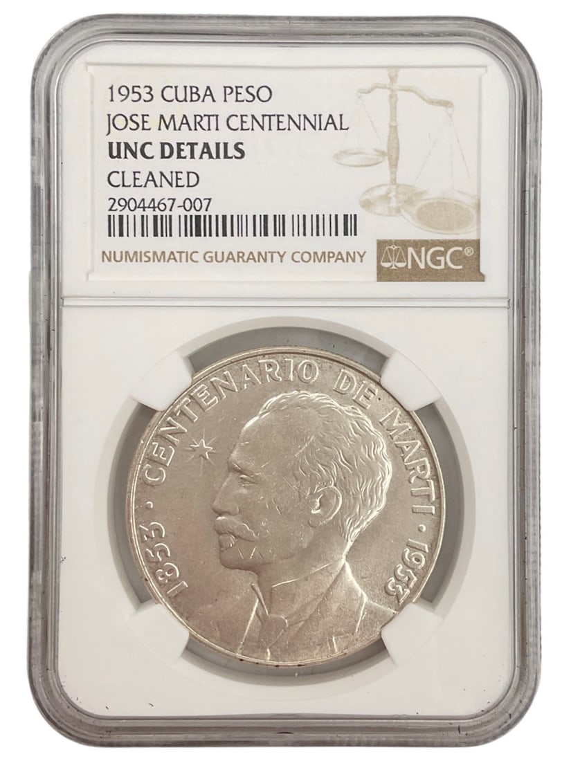 1953 Cuba José Martí Centennial Silver Peso NGC UNC Details Cleaned (1 of 2)