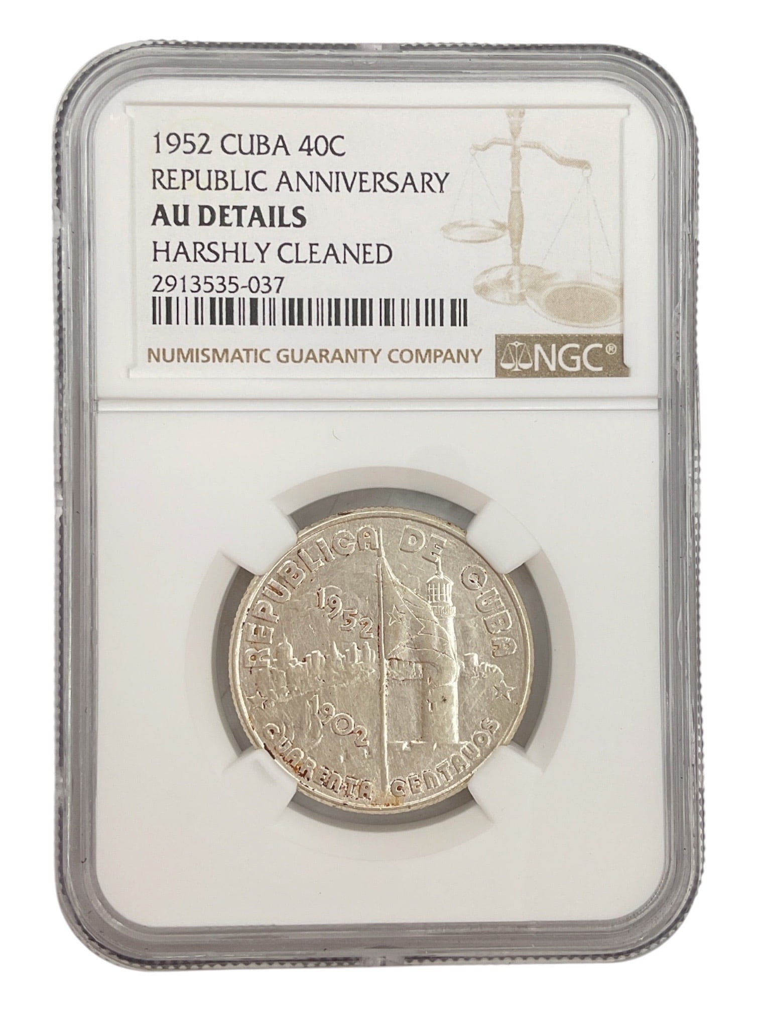 1952 Cuba 40 Centavos Republic Anniversary Silver Coin NGC AU Details Harshly Cleaned (1 of 2)