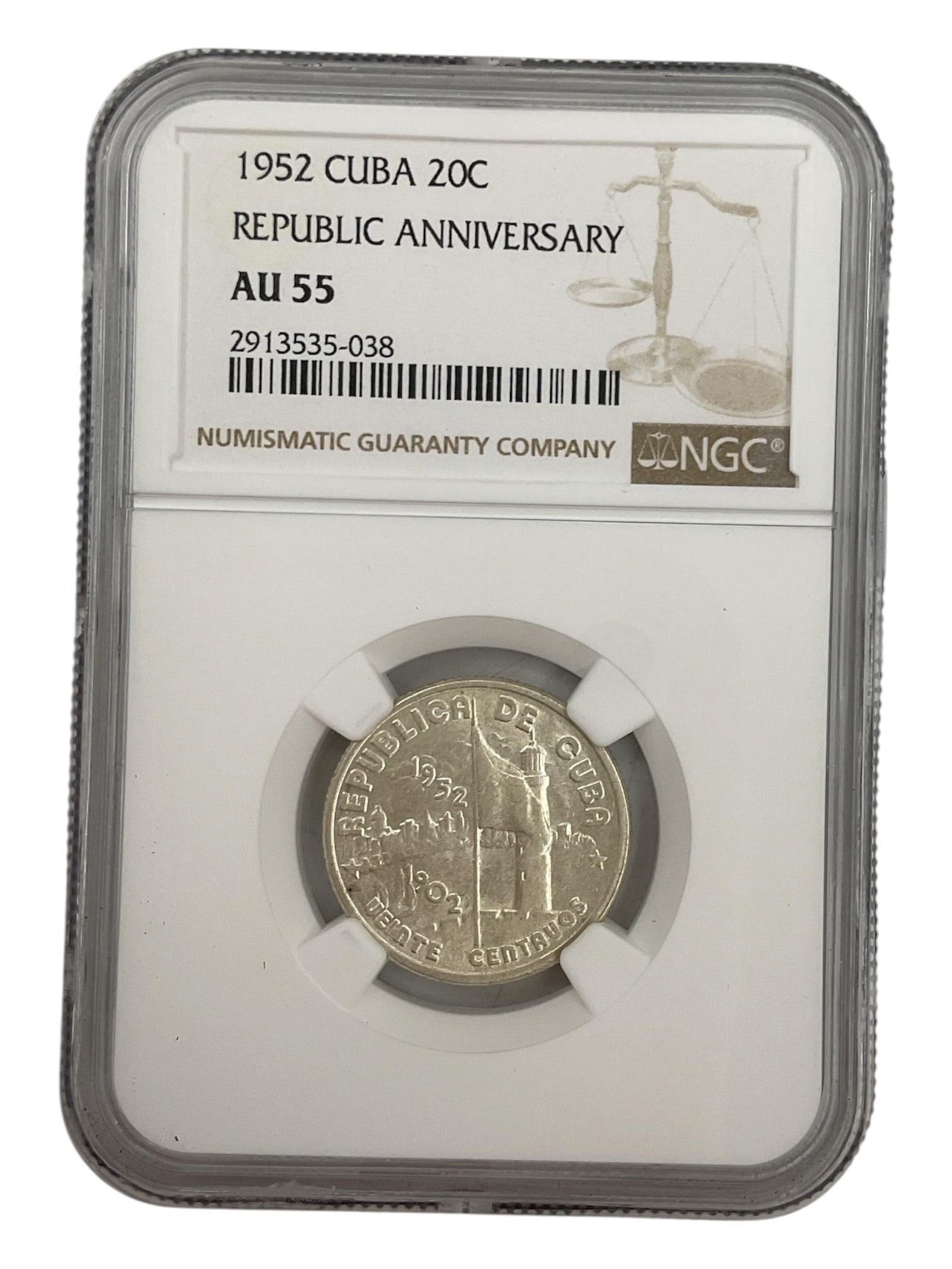 1952 Cuba 20 Centavos Republic Anniversary Silver Coin NGC AU55 (1 of 2)