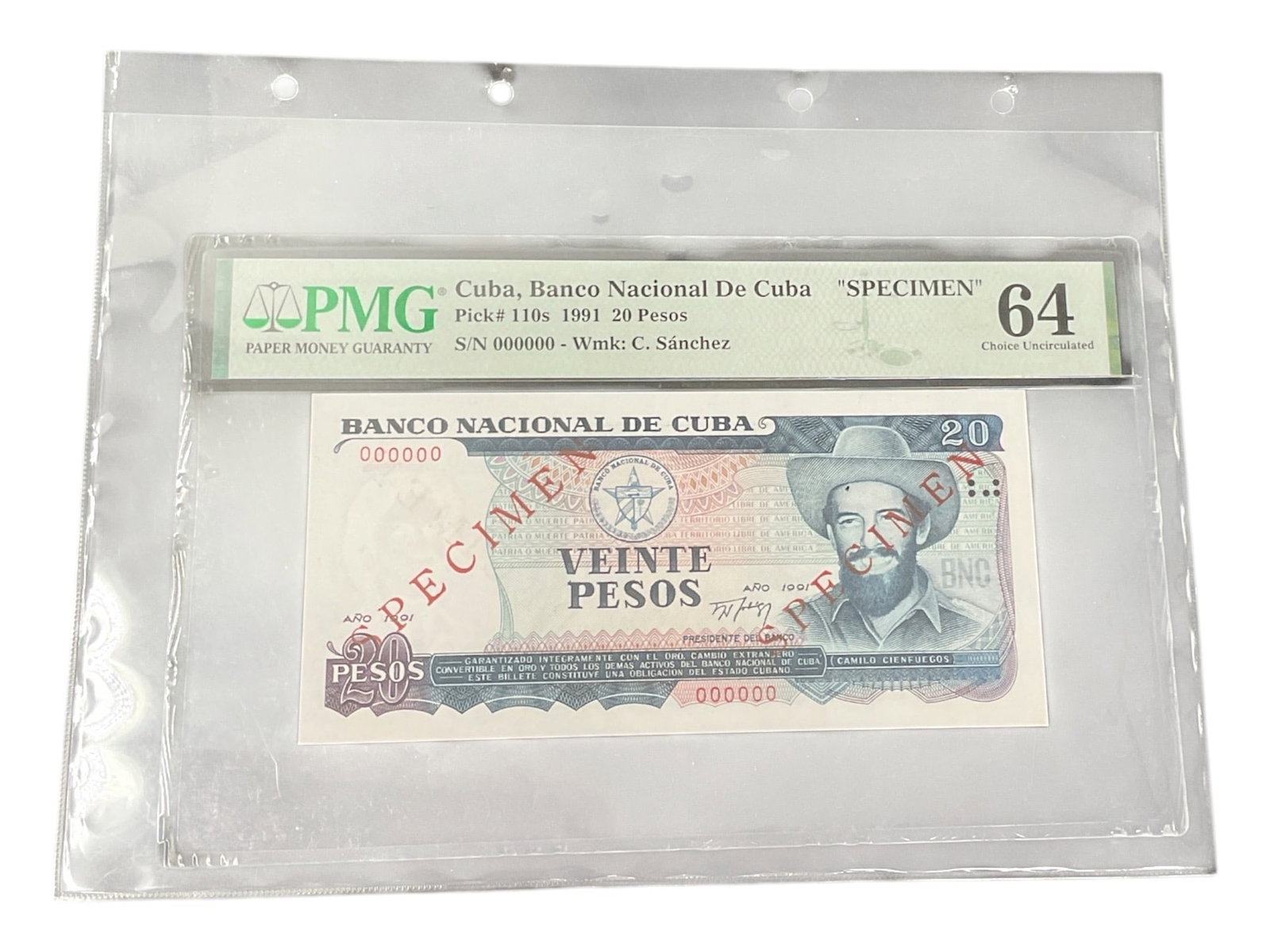 Banco Nacional de Cuba 20 Pesos 1991 Specimen Banknote PMG Choice Uncirculated 64: Cuban Banco Nacional de Cuba 20 Pesos specimen banknote, professionally certified and encapsulated by Paper Money Guaranty (PMG). The note is identified on the PMG holder as Pick 71s and has been awar