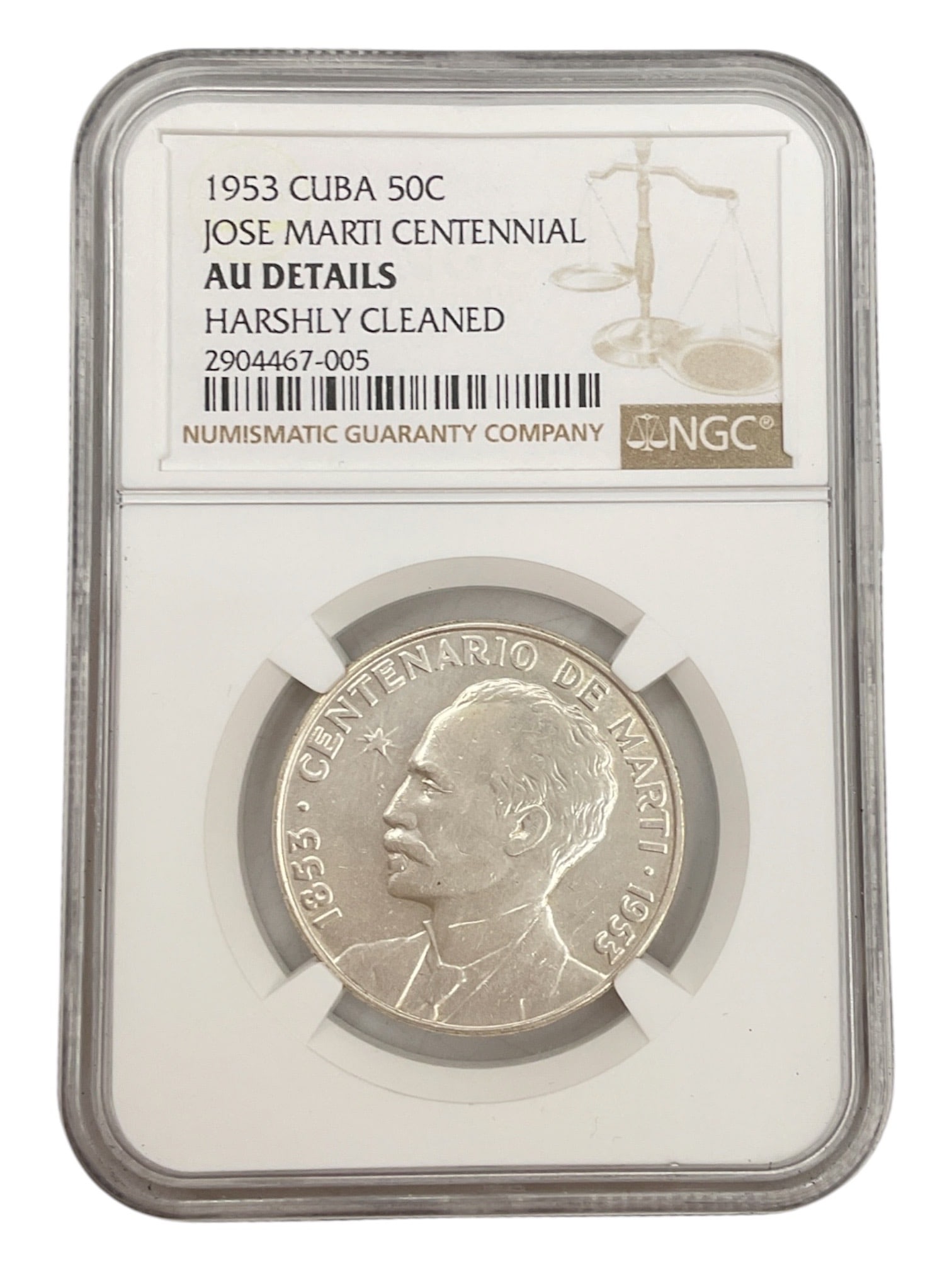 1953 Cuba 50 Centavos José Martí Centennial Silver Coin NGC AU Details Harshly Cleaned: Republic of Cuba 1953 silver 50 centavos commemorative coin issued to honor the Centenary of José Martí (1853–1953). This example has been authenti