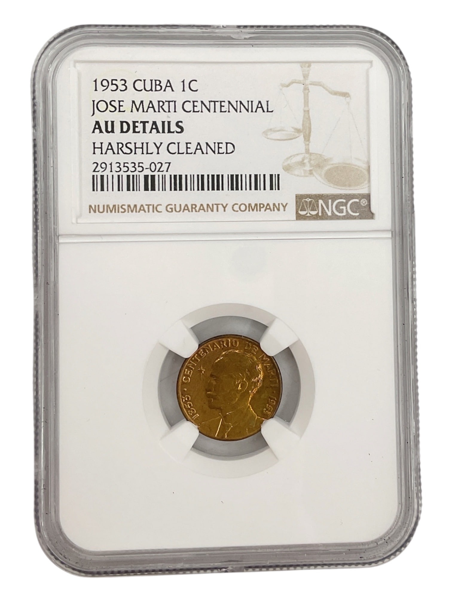 1953 Cuba 1 Centavo Coin NGC AU Details Harshly Cleaned: Republic of Cuba 1953 one centavo coin authenticated and encapsulated by Numismatic Guaranty Company (NGC). This example has received an AU Details – Harshly Cleaned