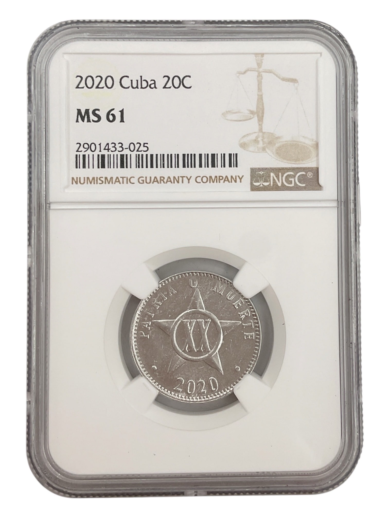 2020 Cuba 20 Centavos Coin NGC MS61: Republic of Cuba 2020 twenty centavos coin professionally authenticated and graded Mint State 61 (MS61) by Numismatic Guaranty Company (NGC). The obverse features the