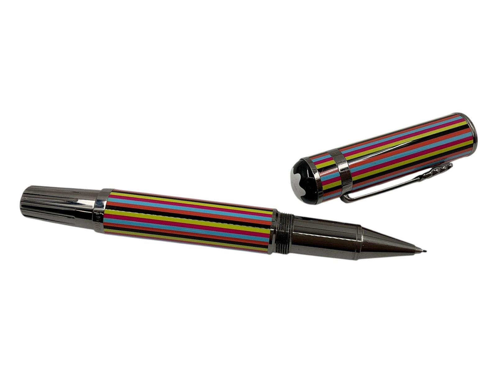 "Great Characters The Beatles Special Edition" by Montblanc (Germany, Est. 1906) Rollerball Pen: This authentic Montblanc Great Characters Special Edition rollerball pen pays tribute to the legendary rock band, The Beatles. The cap and barrel feature a vibrant multi-colored striped lacquer design