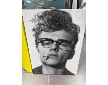 James Dean Portrait by Kfir Moyal: Black and white portrait of cultural icon James Dean with tousled hair, glasses, and a cigarette, rendered in halftone pop art style. Texture and sparkle come from hand-applied crystals. S