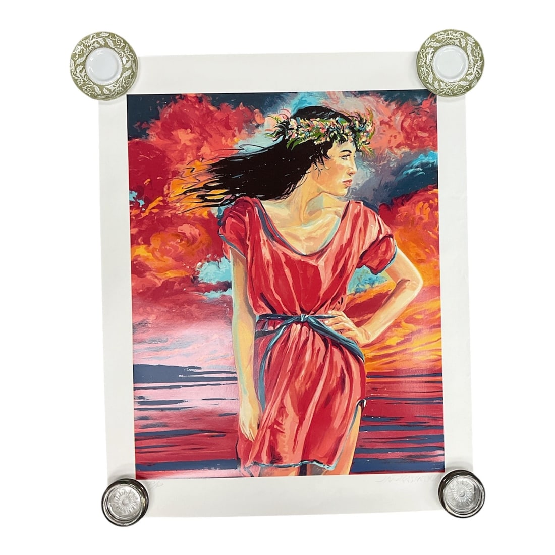 "Island Sunset" by Jan Kasprzycki (United States, B. 1942) Serigraph on Paper: A vibrant, large-format contemporary impressionist graphic work depicting a beautiful Polynesian woman in profile wearing a detailed flower haku lei (crown). Her dark hair catches a gentle breez