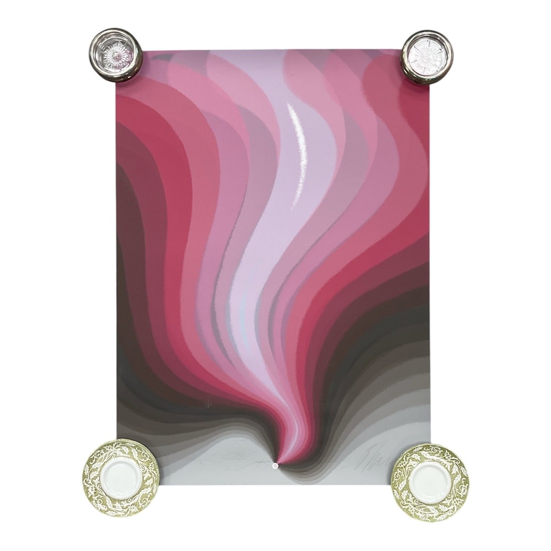 "New Wave" by Lev Moross, Limited Edition Abstract Serigraph, Signed: This limited edition abstract serigraph features a flowing composition of layered organic forms rendered in gradients of pink, burgundy, gray, and black. The smooth transitions of color and curvilinea