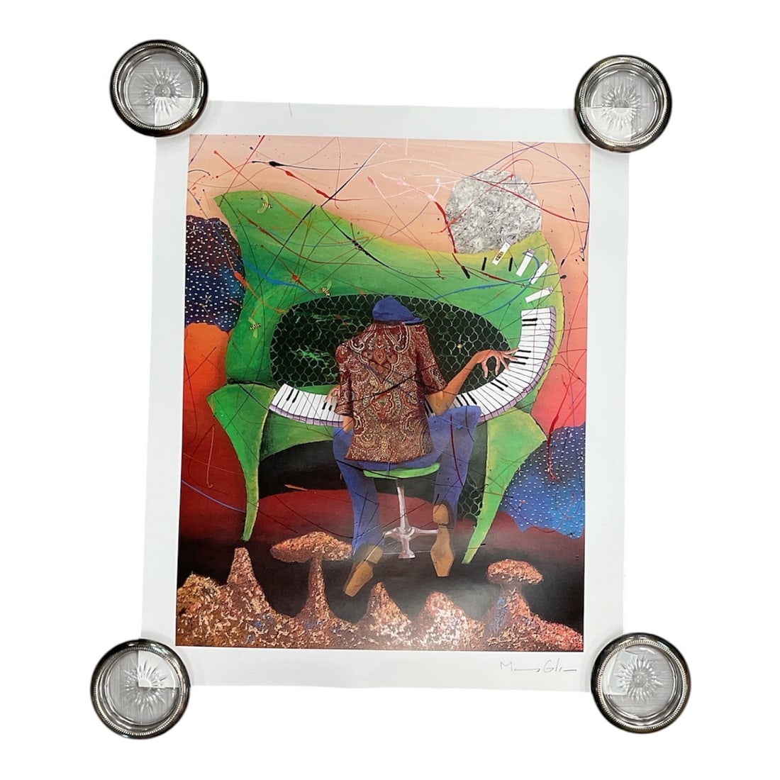 "Keys to the Soul" by Marcus Glenn (United States, B. 1968) Seriolithograph in colors on paper.: A vibrant and surreal contemporary mixed-media style graphic work depicting a pianist viewed from behind, energetically performing on a whimsical, distorted green grand piano. The composition is alive