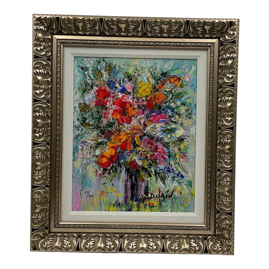 "Flowers at Mar a Lago" by Duaiv (France, B.1952) Embellished Giclée on Canvas: DescriptionThis highly vibrant, expressionistic floral composition is by French contemporary impressionist Jean-Claude Duvaiv. Titled "Flowers at Mar a Lago," the artwork captures an exploding, dense
