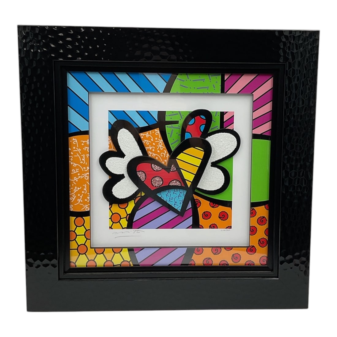 Romero Britto (Brazilian, b. 1963) Flying Heart Limited Edition Serigraph, 112/200: Limited edition color serigraph titled Flying Heart by Romero Britto (Brazilian, b. 1963). The composition features Britto's iconic heart motif rendered in bold black outlines with vibrant