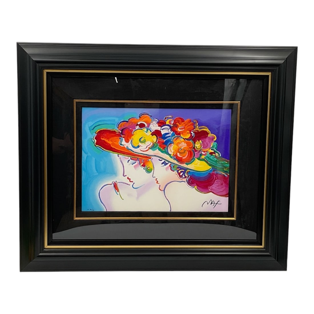 "Friends" by Peter Max (Germany, B. 1937) Lithograph in colors on paper.: A vibrant, limited-edition graphic work featuring two feminine profiles gracefully adorned with a dramatic, multi-colored profusion of floral clusters across an oversized hat. Executed in Max’s