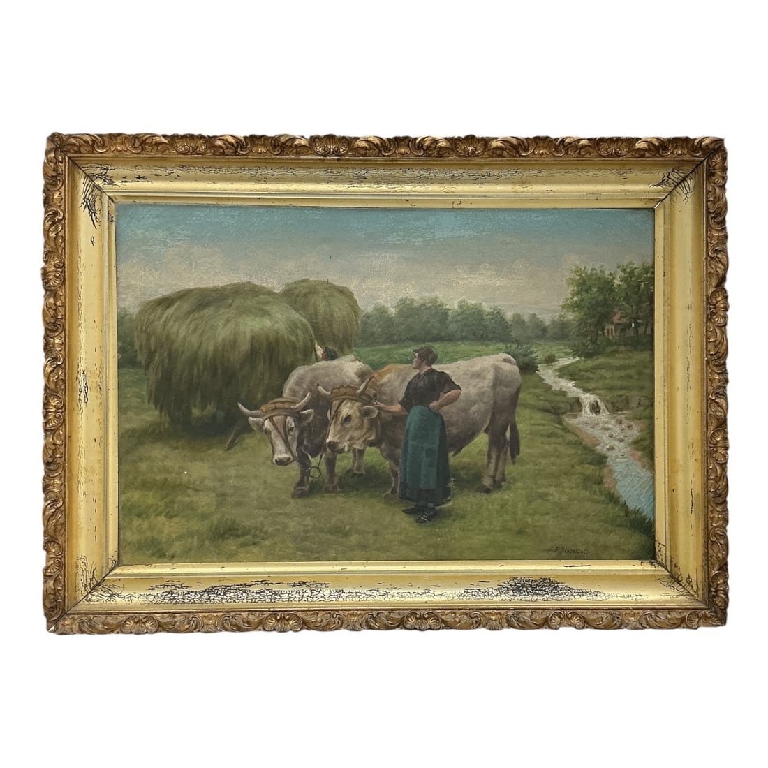 Untitled (Pastoral Landscape with Oxen) by Friedrich Bindewald (Germany, 1862-1953) Oil on Canvas: Specs: Type: Painting Medium: Oil on Canvas Dimensions: 21 x 29 in