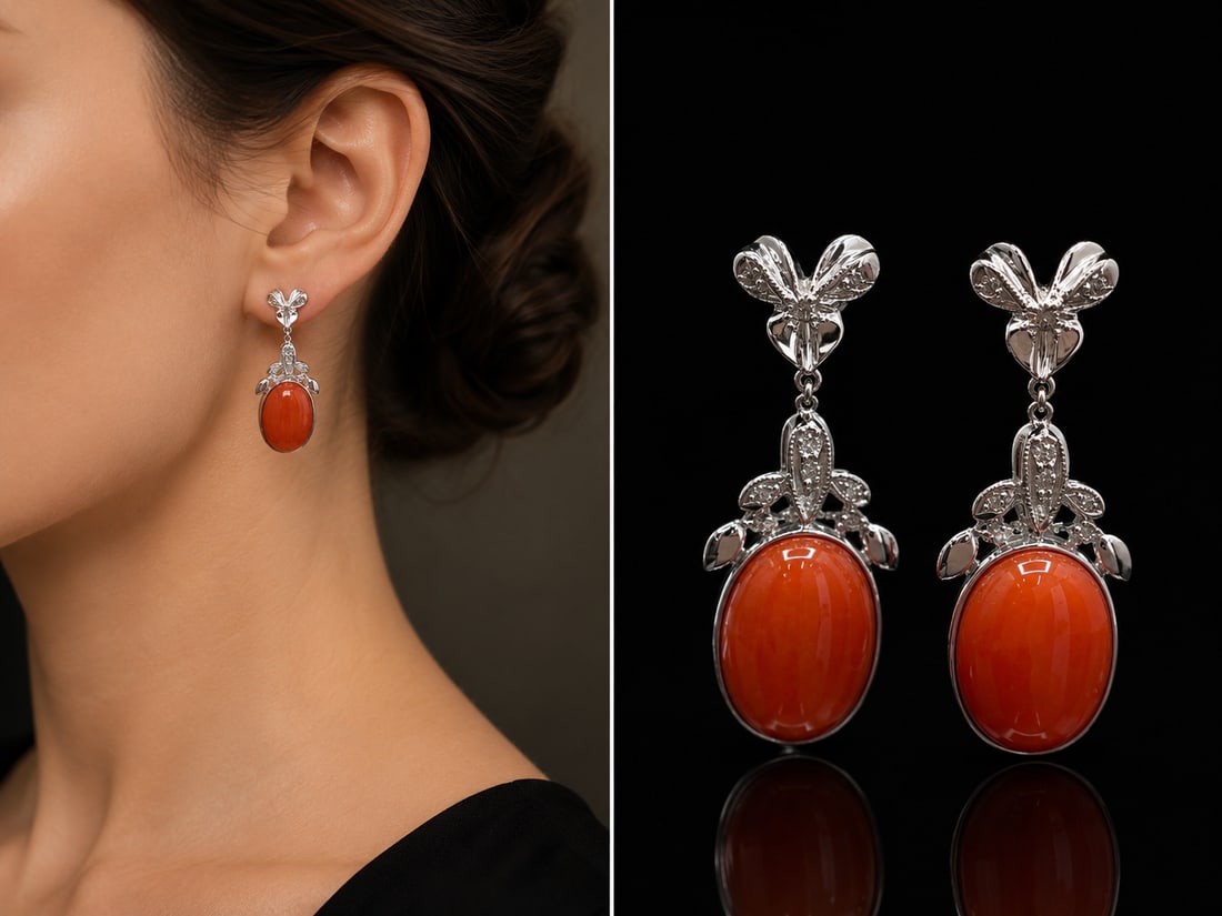 18K White Gold Coral and Diamond Drop Earrings: Elegant pair of 18K gold coral and diamond drop earrings featuring vibrant oval natural coral cabochons measuring approximately 10 x 15 mm. Each richly colored coral is framed within an ornate