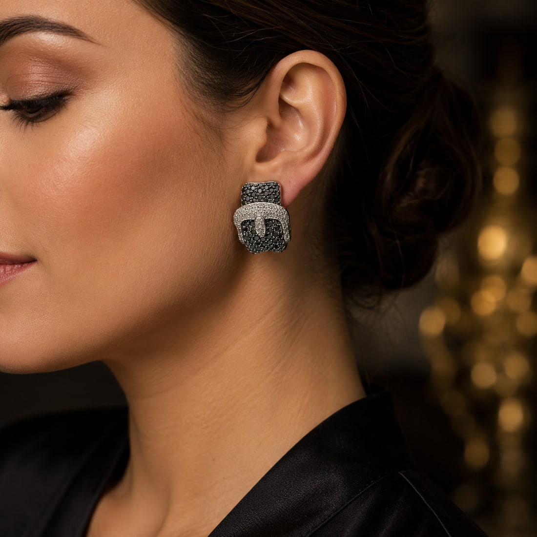 Pair of 14K White Gold Natural Black and White Diamond Earrings with GIA Report: Elegant pair of 14K white gold earrings set with natural black and white diamonds. According to the accompanying