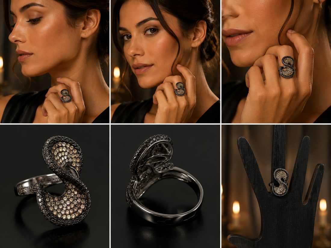 18K White Gold Natural Champagne and Black Diamond Ring with Gemological Report: Elegant 18K white gold ring set with natural champagne and black diamonds. According to the accom