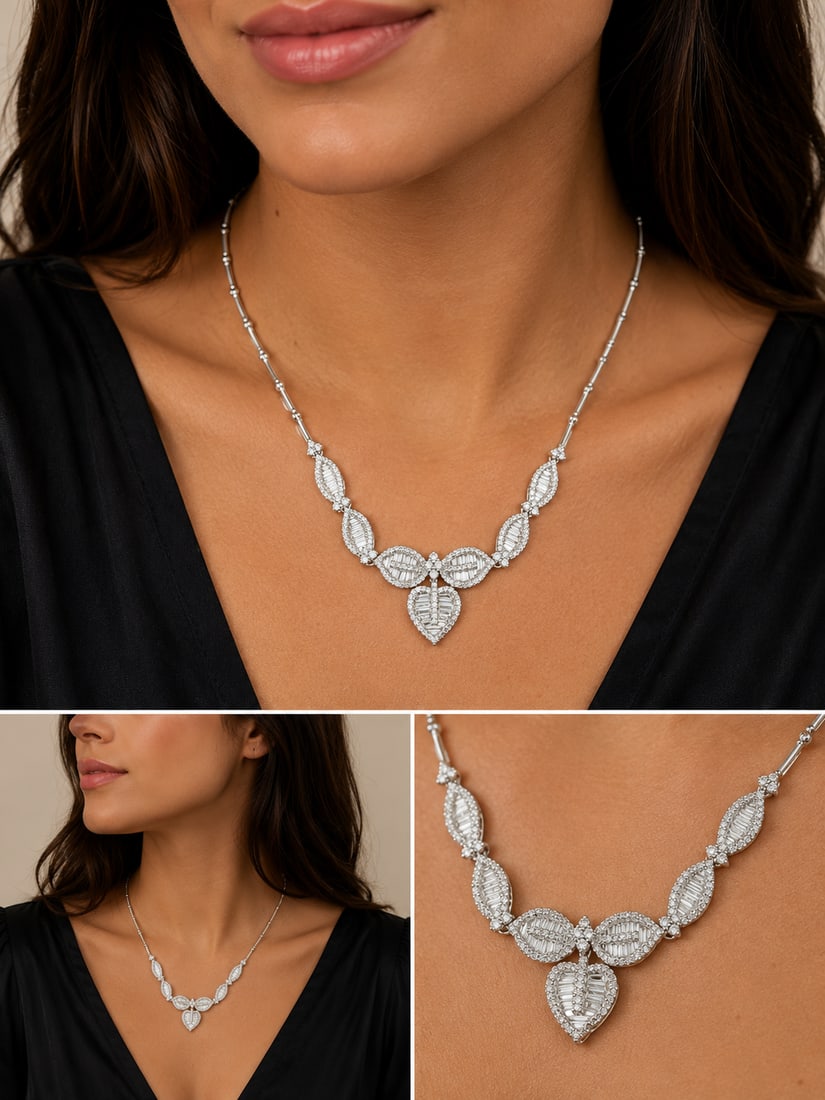 18K White Gold Diamond Necklace: Elegant 18K white gold diamond necklace featuring a striking graduated design with marquise, oval, and heart-shaped motifs set with numerous sparkling diamonds. The articulated centerpiece is accented