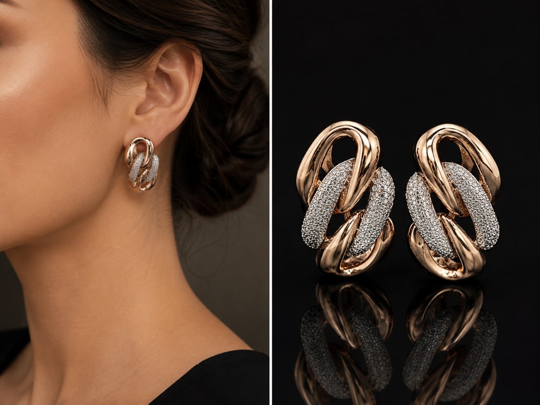 Pair of 18K Rose Gold Natural White Diamond Earrings with Gemological Report: Elegant pair of 18K rose gold earrings set with natural white diamonds. According to the accompanying