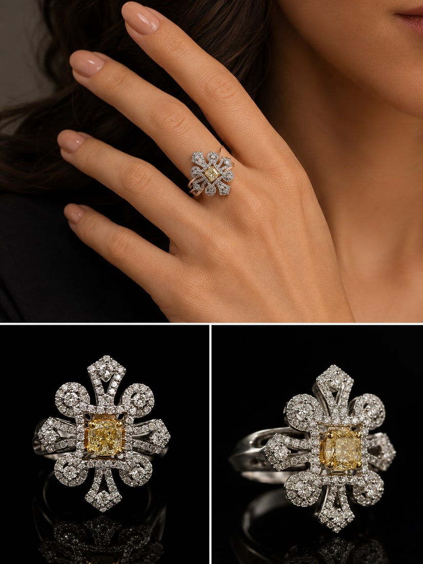 18K White and Yellow Gold Natural Diamond Ring with Gemological Report: Elegant 18K white and yellow gold ring set with natural yellow and natural white diamonds. According to the accompanyi