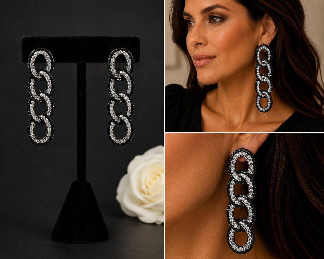 Pair of 18K White Gold Natural White and Black Diamond Earrings with Gemological Report: Elegant pair of 18K white gold earrings set with natural white and black diamonds. According to the accompanying
