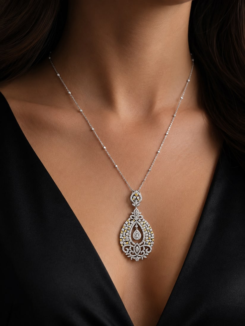 18K White Gold Natural White Diamond and Blue Sapphire Necklace with Gemological Report (1 of 6)