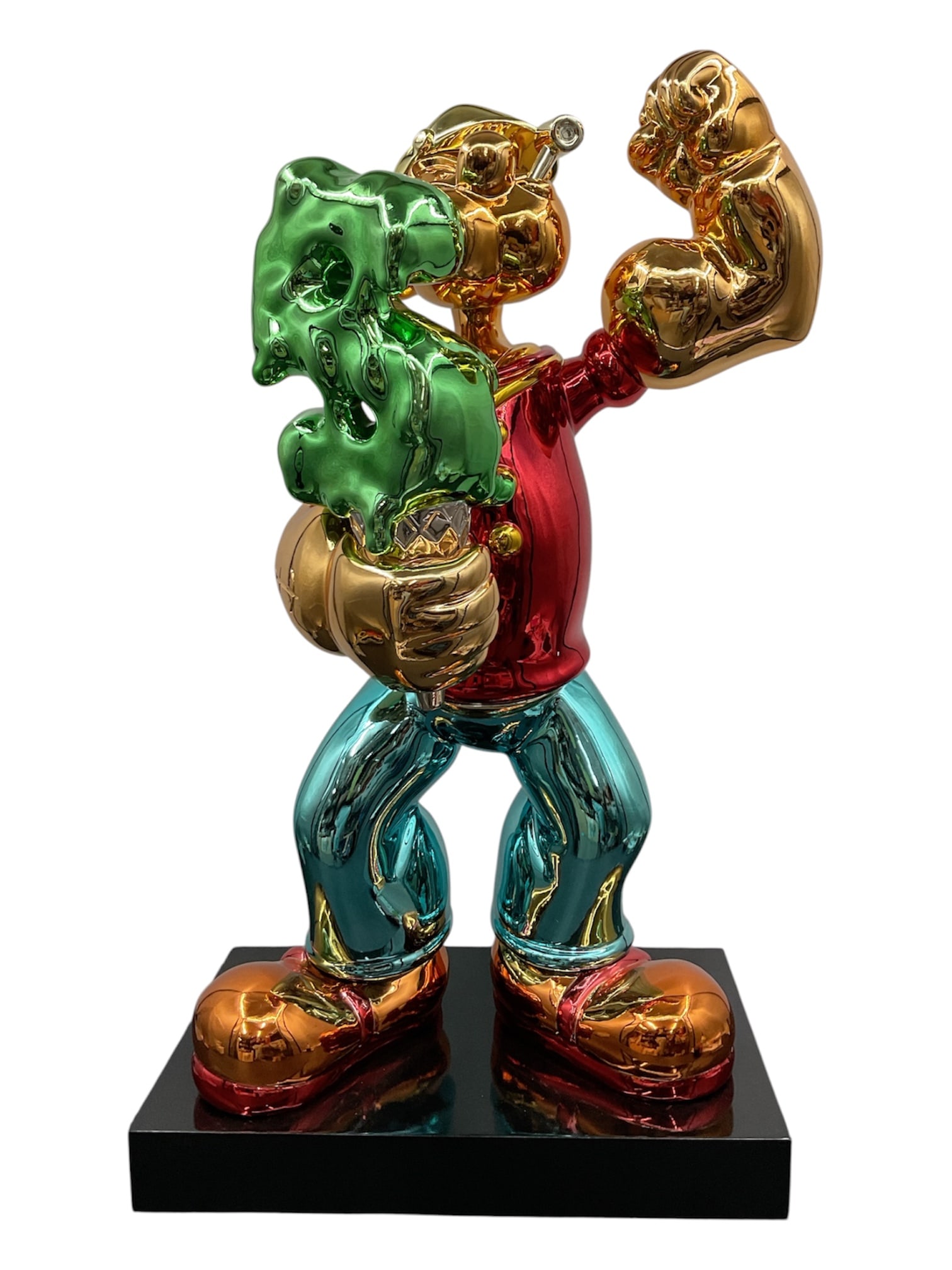 Contemporary Pop Art Popeye Holding Dollar Sign Sculpture: Large contemporary pop art sculpture depicting the cartoon sailor Popeye flexing his arm while holding a dripping green dollar sign. Executed in a high-gloss metallic polychrome finish with vibrant go