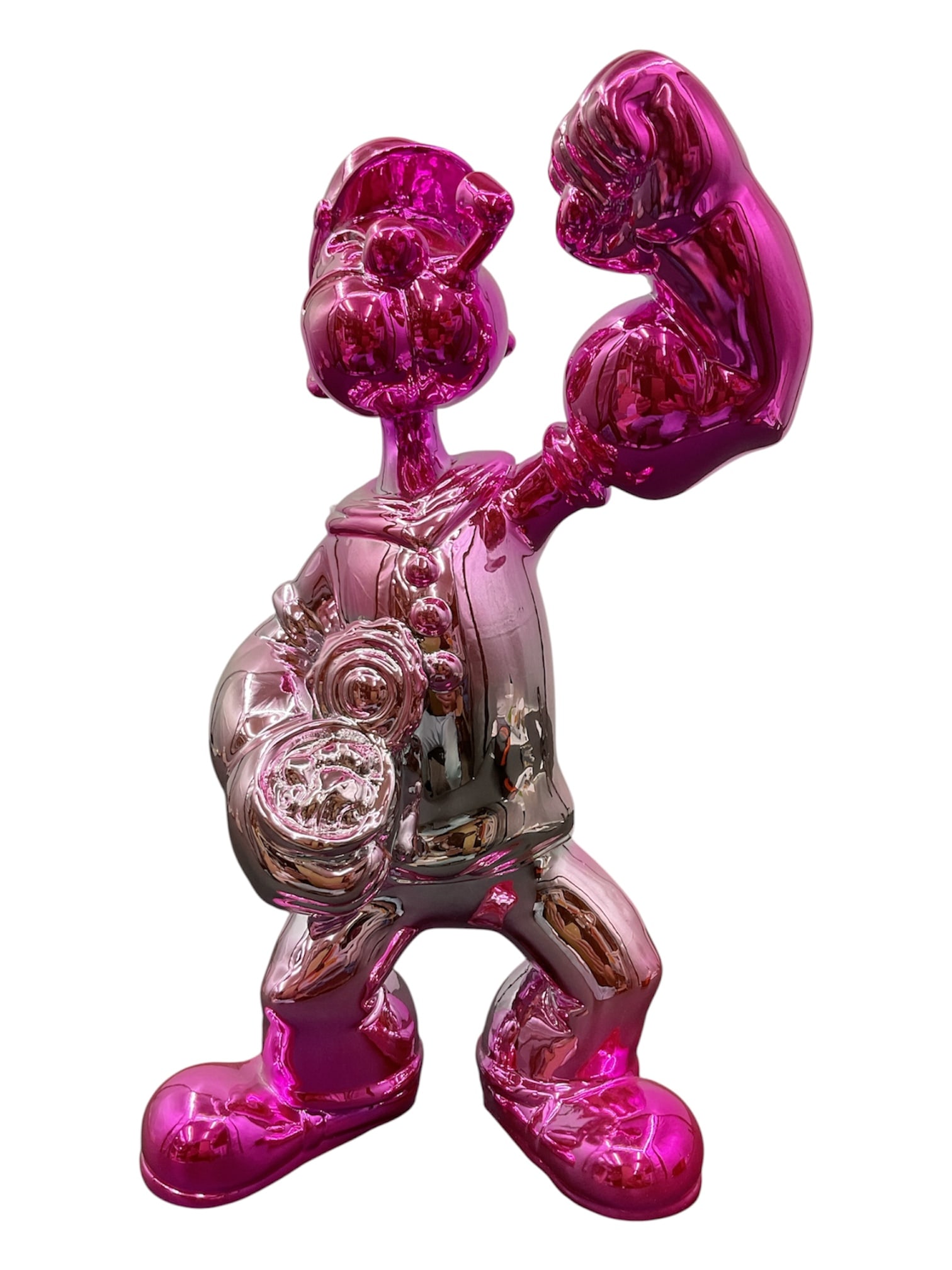 Contemporary Chrome Popeye Style Boxer Sculpture: Contemporary decorative sculpture depicting a stylized sailor character in the manner of Popeye with an exaggerated flexed arm pose. Finished in a vibrant metallic chrome pink gradient, the piece blen