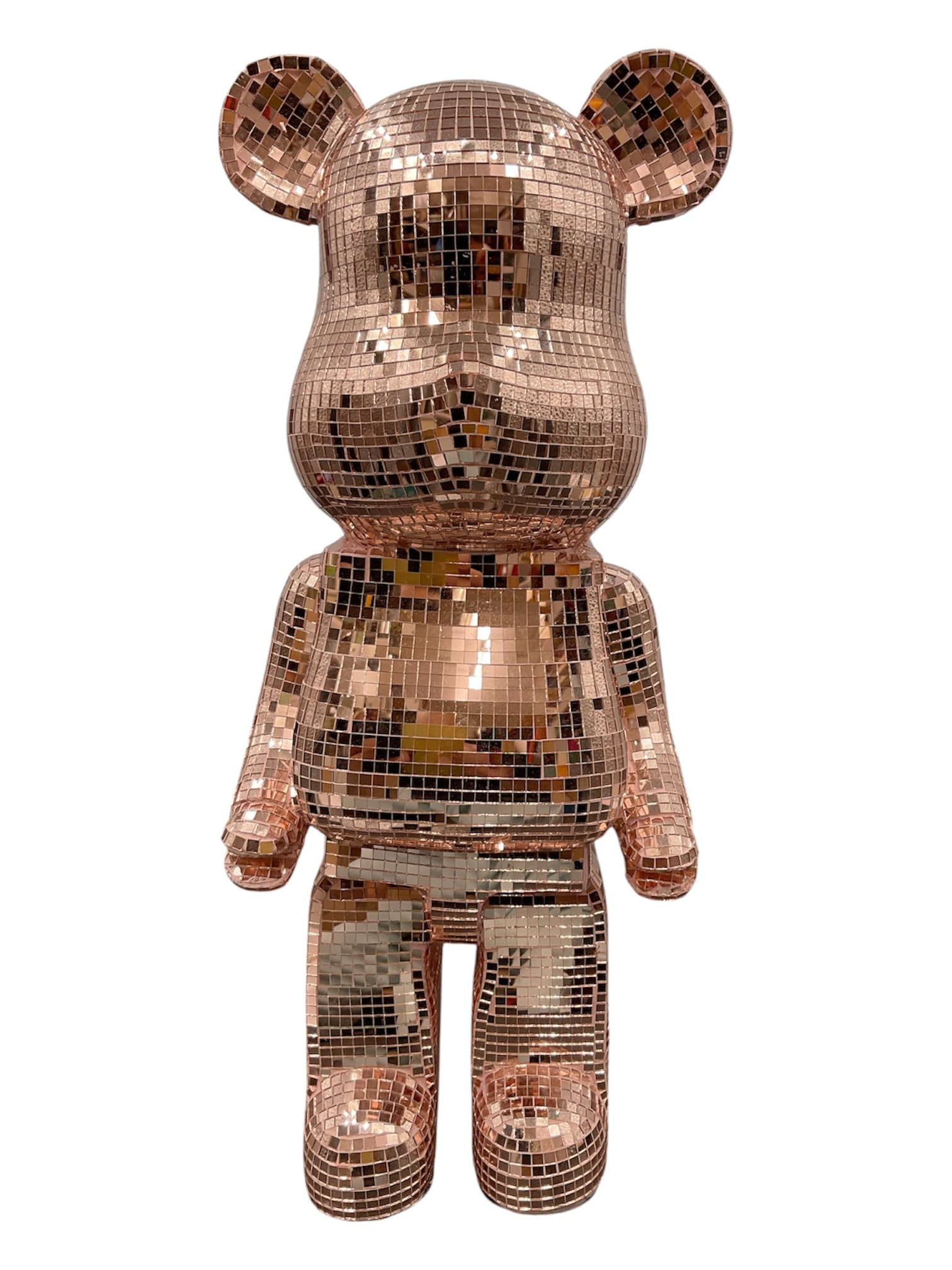 Contemporary Rose Gold Mosaic Bear Form Sculpture Bank: Contemporary decorative sculpture in the form of a stylized bear figure covered in mirrored mosaic tiles. Executed in a rose gold tone, the piece features a highly reflective disco-ball style surface 