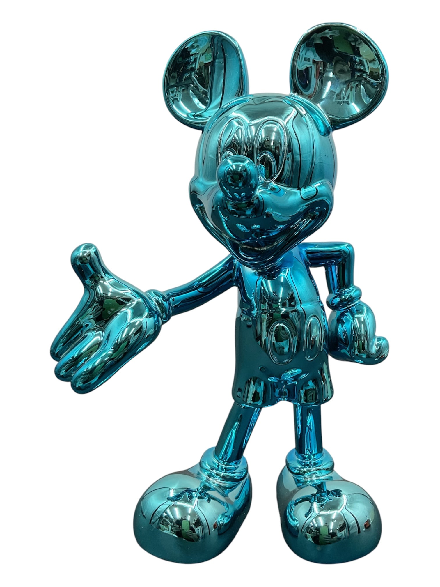 Contemporary Metallic Blue Mickey Mouse Figure Sculpture: Contemporary stylized mouse figure sculpture executed in a reflective metallic blue finish. The whimsical figure is rendered in a modern pop art style with exaggerated proportions and high-gloss chrom