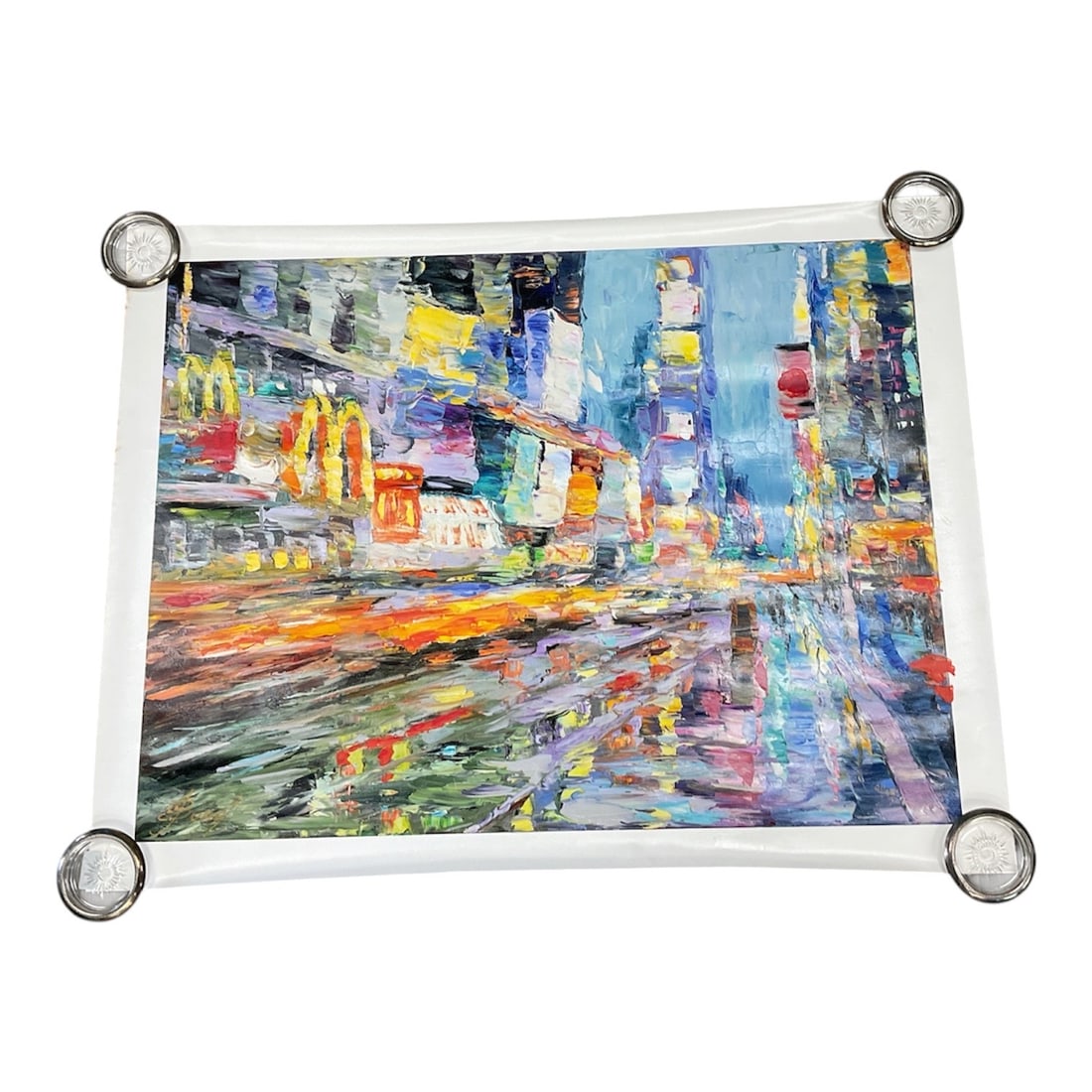 Elena Bond, “Color the City?? w/ COA: Hand-embellished giclée on canvas titled Color the City by contemporary artist Elena Bond. The vibrant composition depicts an energetic urban street scene with glowing lights and reflective rai