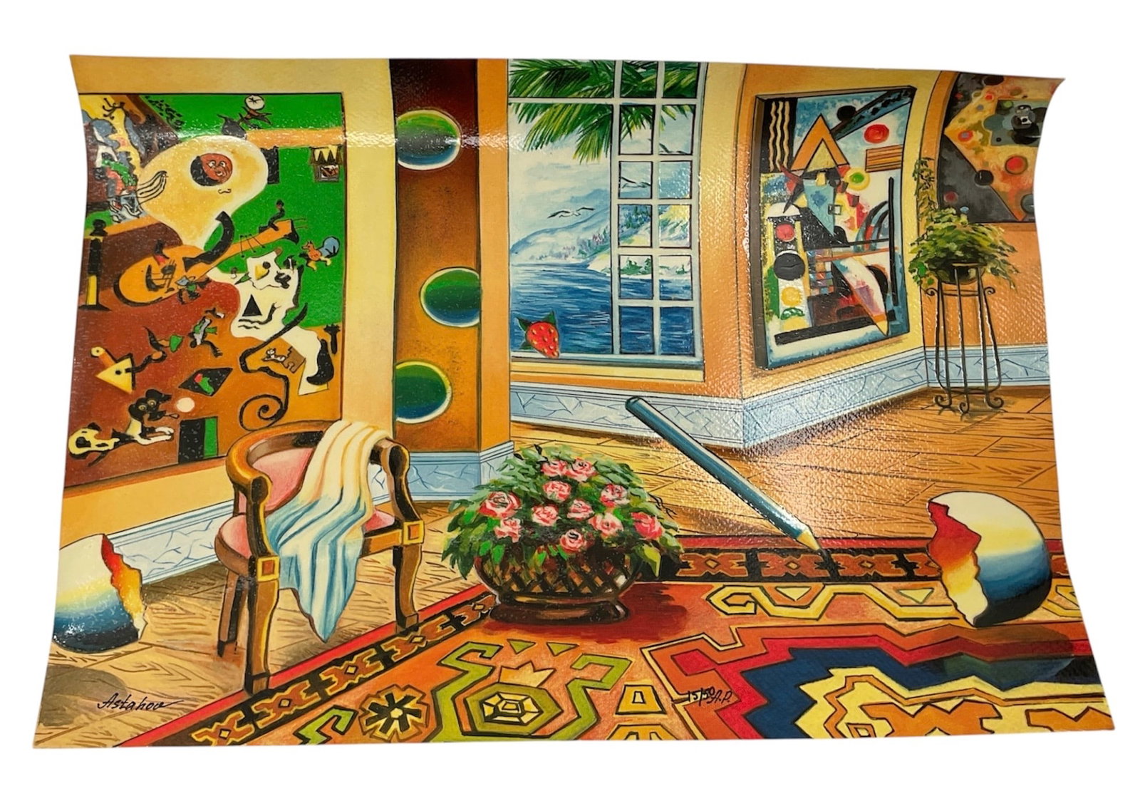 Alexander Astahov Interior with View Limited Edition Serigraph AP: A limited edition serigraph on heavyweight paper titled Interior with View by Alexander Astahov. The composition presents a vibrant, stylized interior scene filled with bold colors, geometric patterns