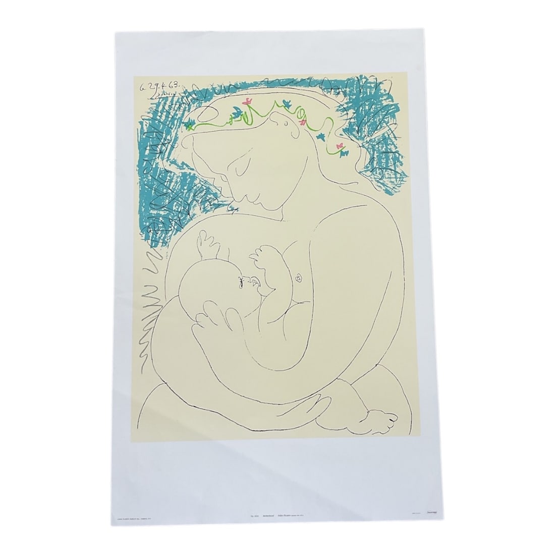 After Pablo Picasso, "Motherhood" Offset Lithograph on Paper, 2000: Offset lithograph on paper after Pablo Picasso (1881–1973), titled Motherhood, depicting a tender mother and child composition rendered in Picasso's distinctive linear style. The image is ba