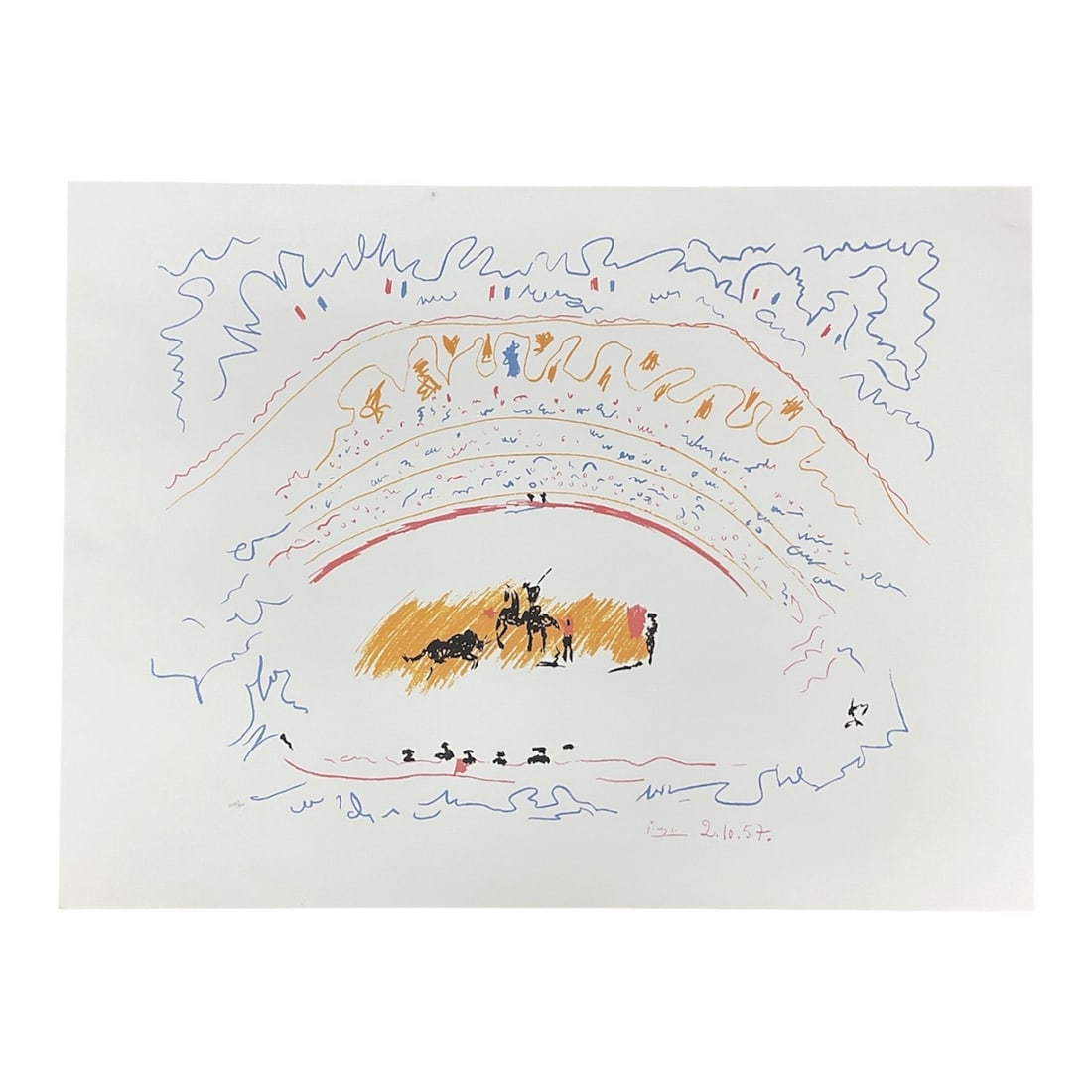 "Bull Fight (La Corrida)" after Pablo Picasso: Color lithograph on paper after a 1957 Pablo Picasso image, titled "La Corrida." The composition depicts a stylized bullfighting scene rendered with expressive linear forms and vibrant accen